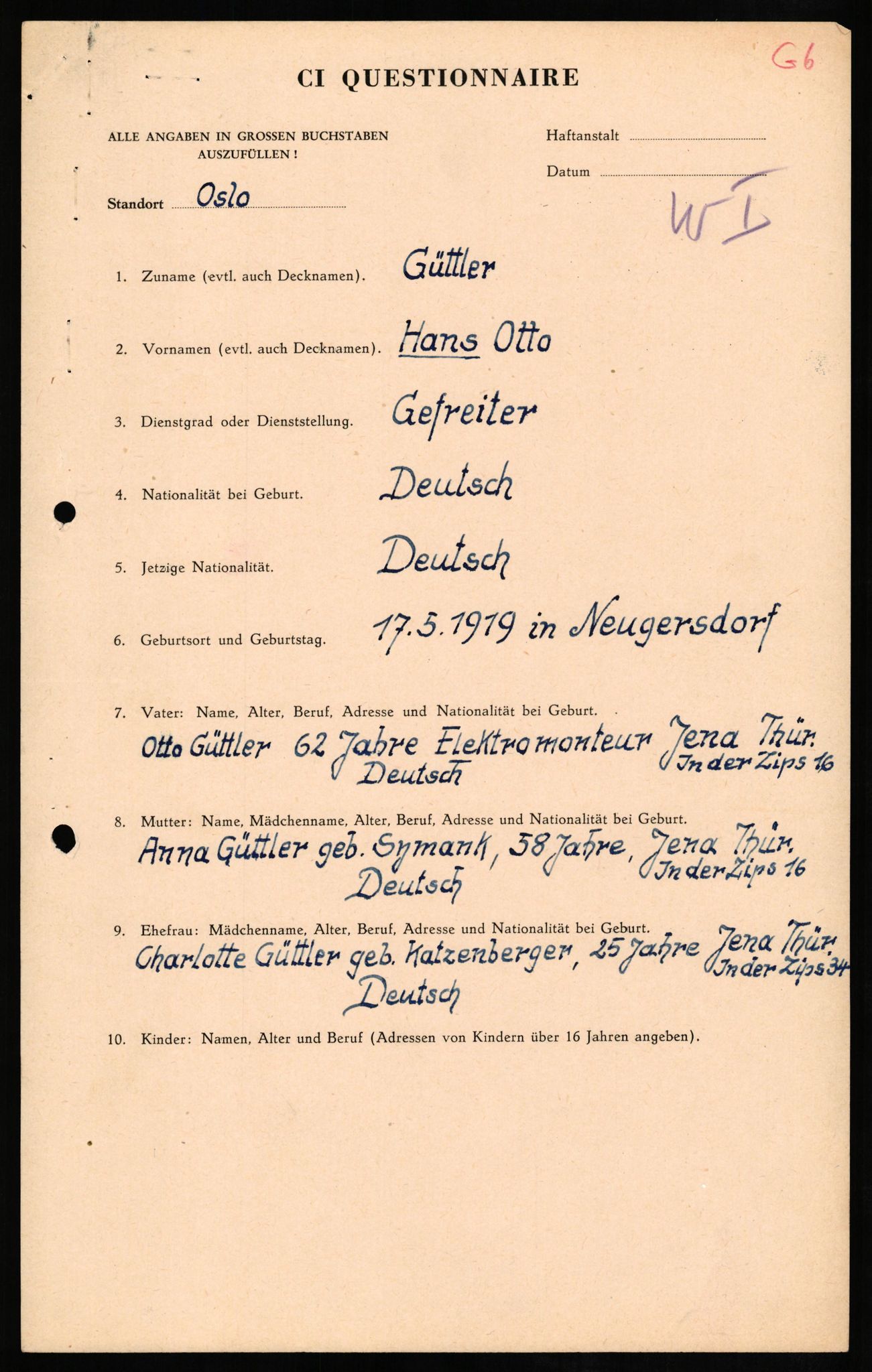 Forsvaret, Forsvarets overkommando II, AV/RA-RAFA-3915/D/Db/L0011: CI Questionaires. Tyske okkupasjonsstyrker i Norge. Tyskere., 1945-1946, s. 15