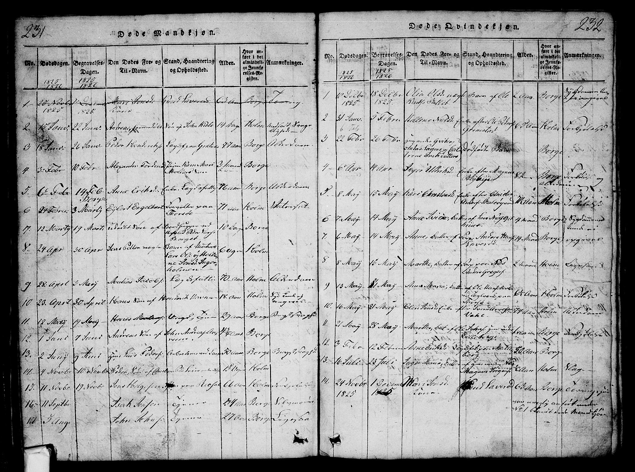 Borge prestekontor Kirkebøker, AV/SAO-A-10903/G/Ga/L0001: Klokkerbok nr.  I 1, 1815-1835, s. 231-232