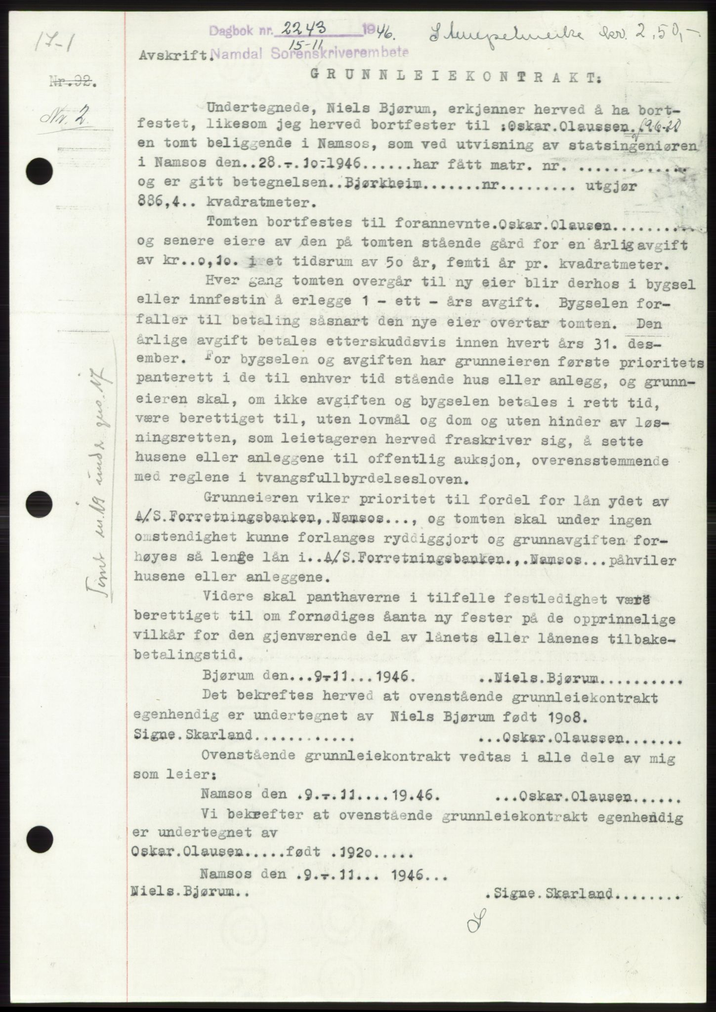 Namdal sorenskriveri, SAT/A-4133/1/2/2C: Pantebok nr. -, 1946-1947, Dagboknr: 2243/1946