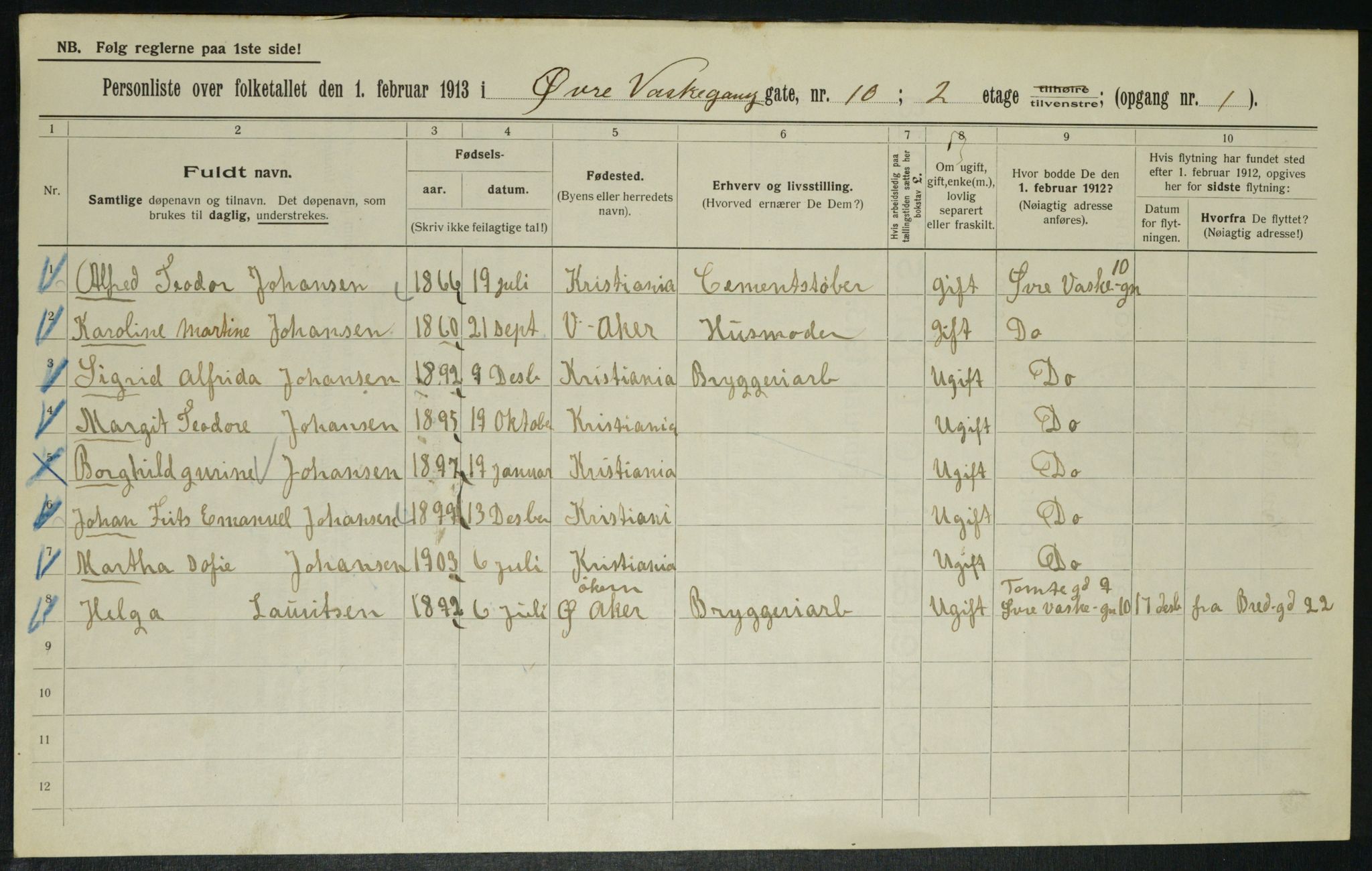 OBA, Kommunal folketelling 1.2.1913 for Kristiania, 1913, s. 129997