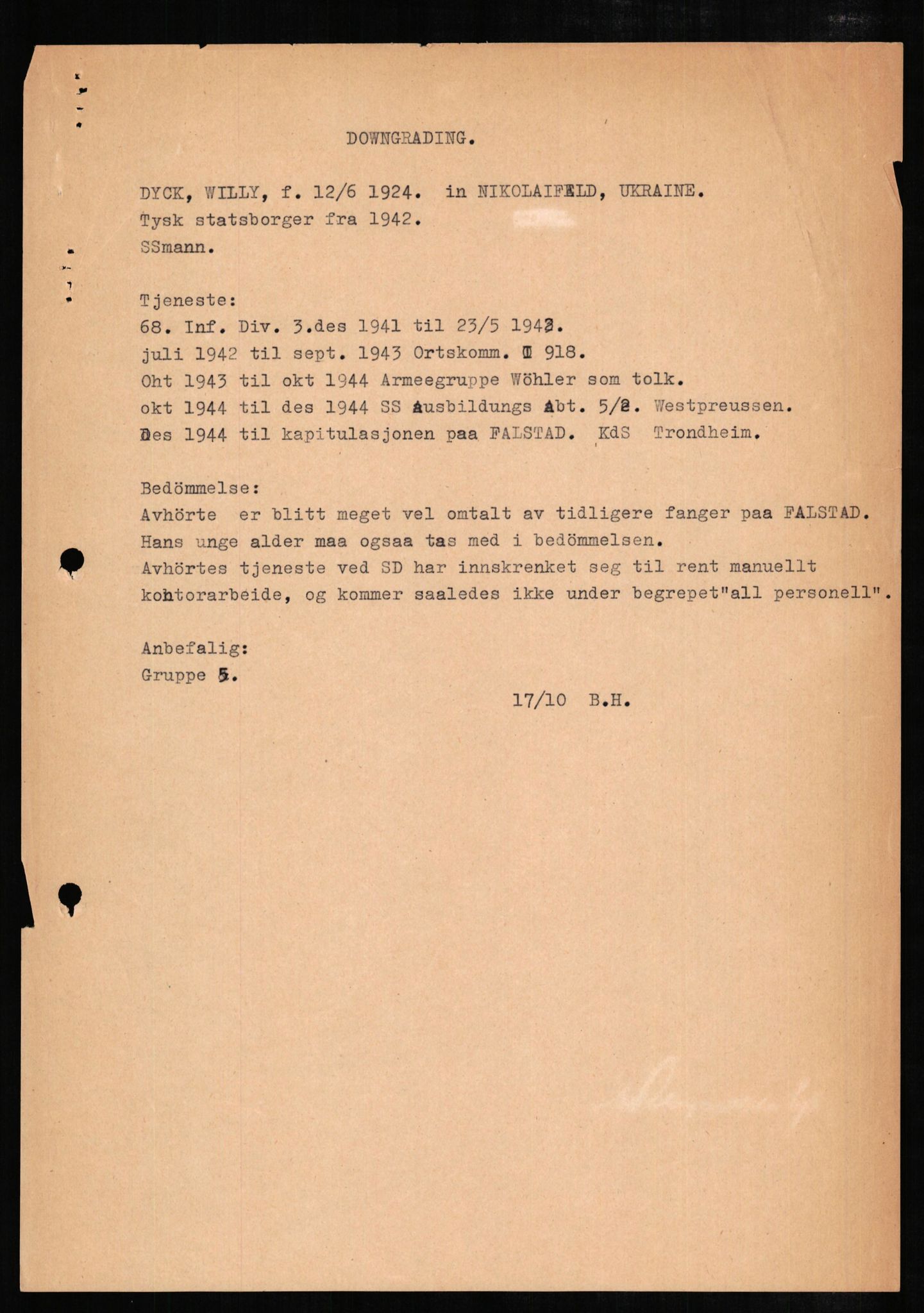 Forsvaret, Forsvarets overkommando II, AV/RA-RAFA-3915/D/Db/L0006: CI Questionaires. Tyske okkupasjonsstyrker i Norge. Tyskere., 1945-1946, s. 312