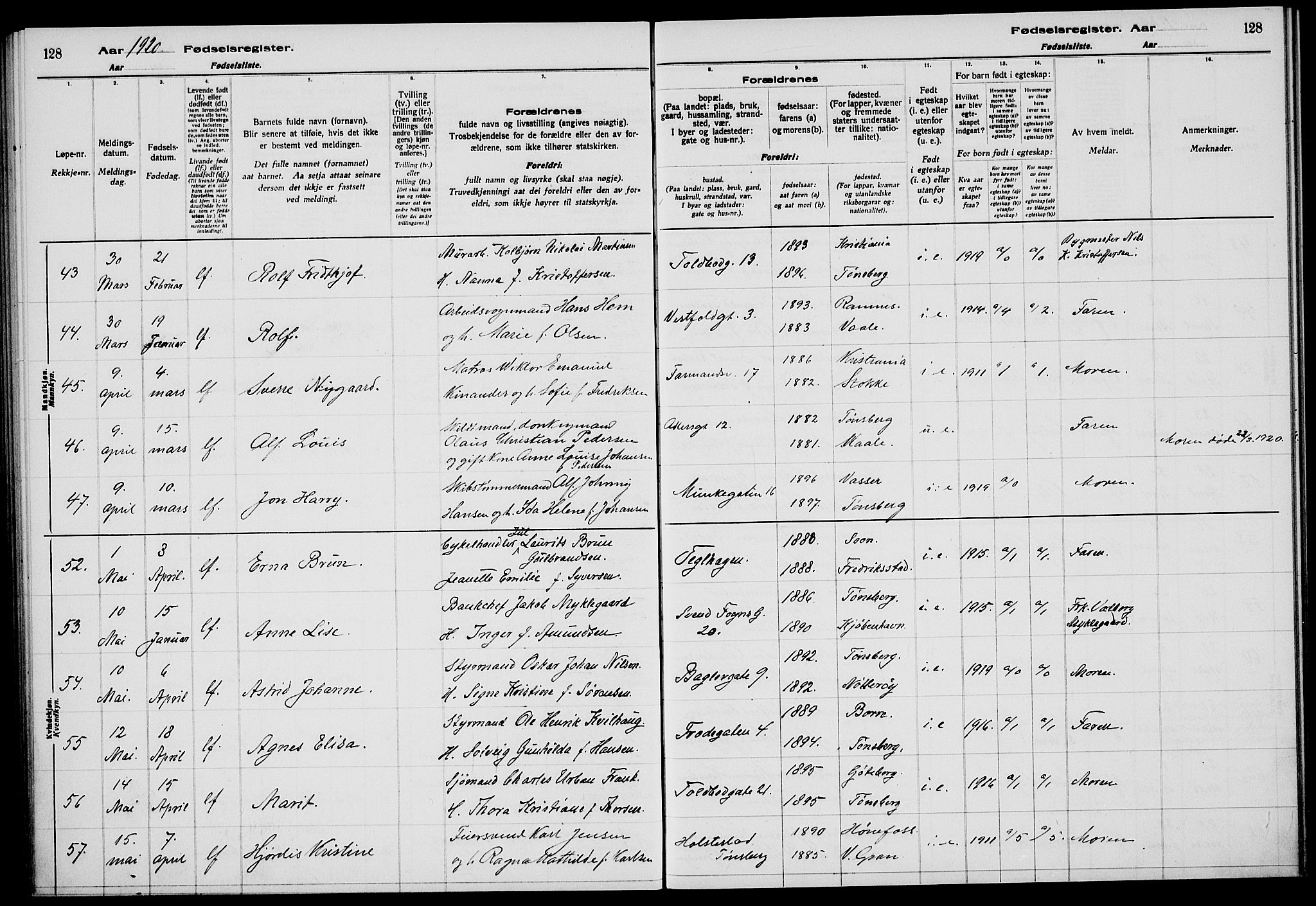 Tønsberg kirkebøker, AV/SAKO-A-330/J/Ja/L0001: Fødselsregister nr. 1, 1916-1922, s. 128