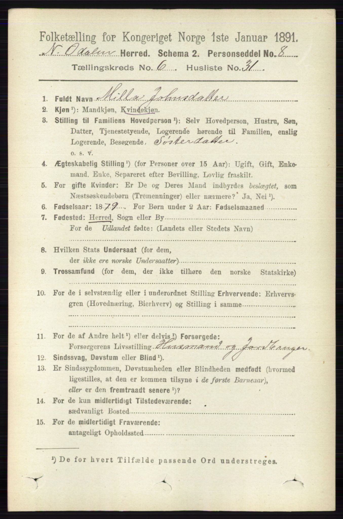 RA, Folketelling 1891 for 0418 Nord-Odal herred, 1891, s. 2484