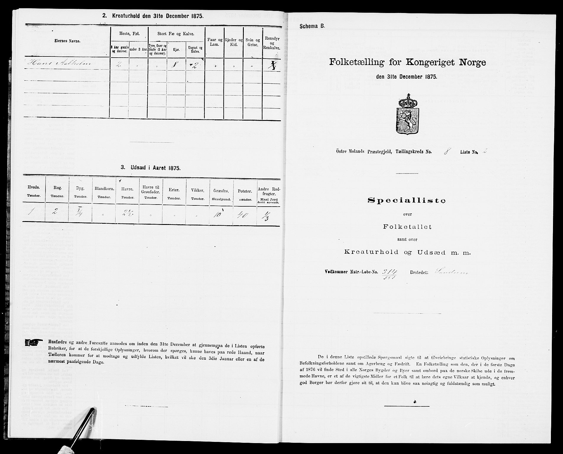 SAK, Folketelling 1875 for 0918P Austre Moland prestegjeld, 1875, s. 2319