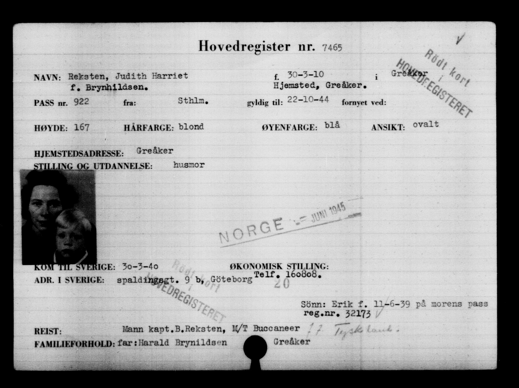 Utenriksstasjonene, Legasjonen i Stockholm, Flyktningkontoret, AV/RA-S-6753/V/Va/L0005: Kjesäterkartoteket, flyktninger med registreringsnr. 6600-9417, 1940-1945, s. 1008