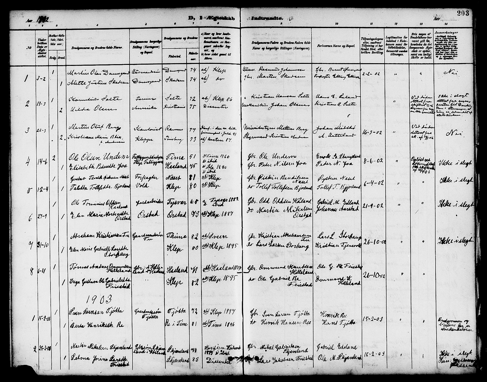 Klepp sokneprestkontor, AV/SAST-A-101803/001/3/30BB/L0004: Klokkerbok nr. B 4, 1889-1914, s. 203