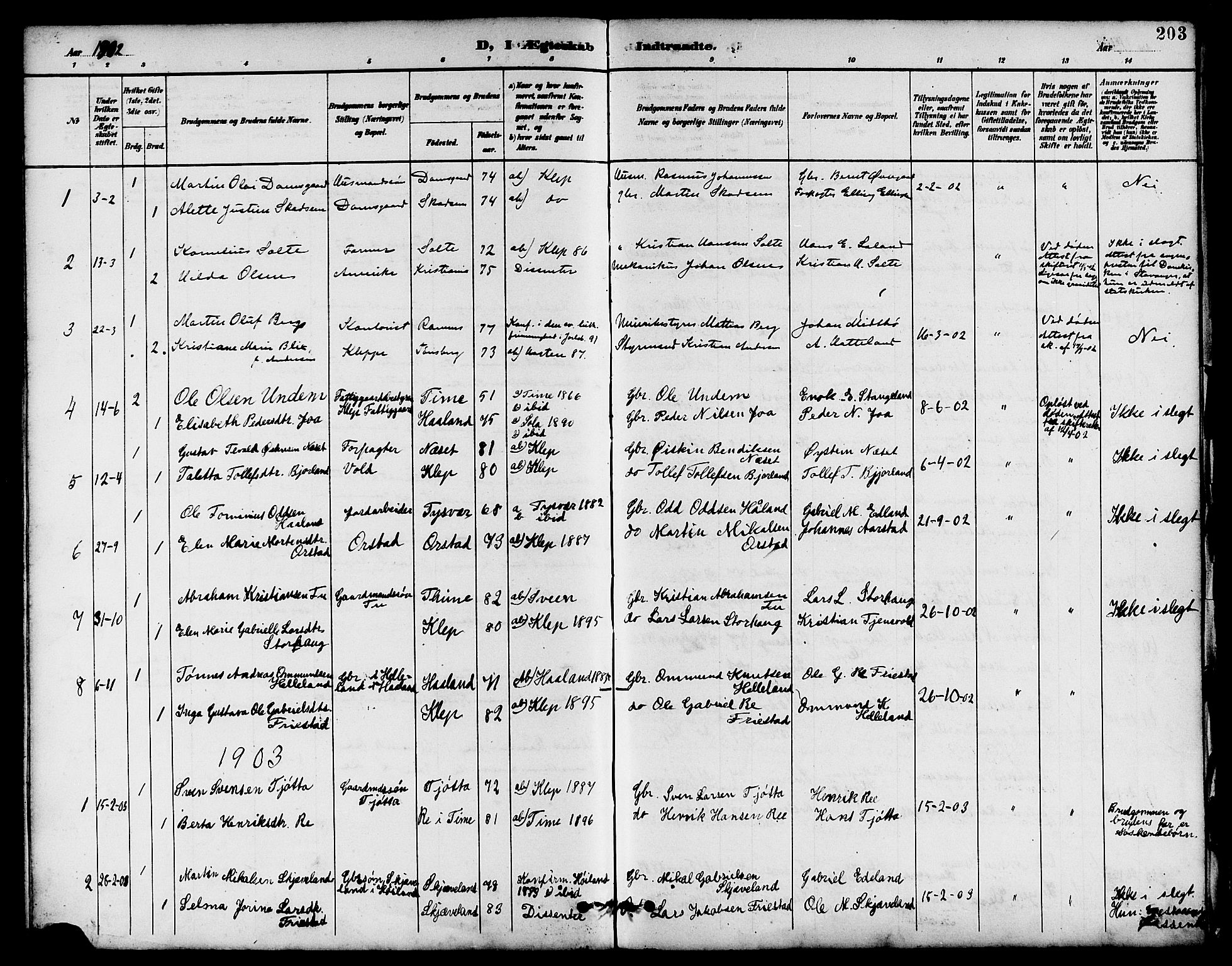 Klepp sokneprestkontor, SAST/A-101803/001/3/30BB/L0004: Klokkerbok nr. B 4, 1889-1914, s. 203