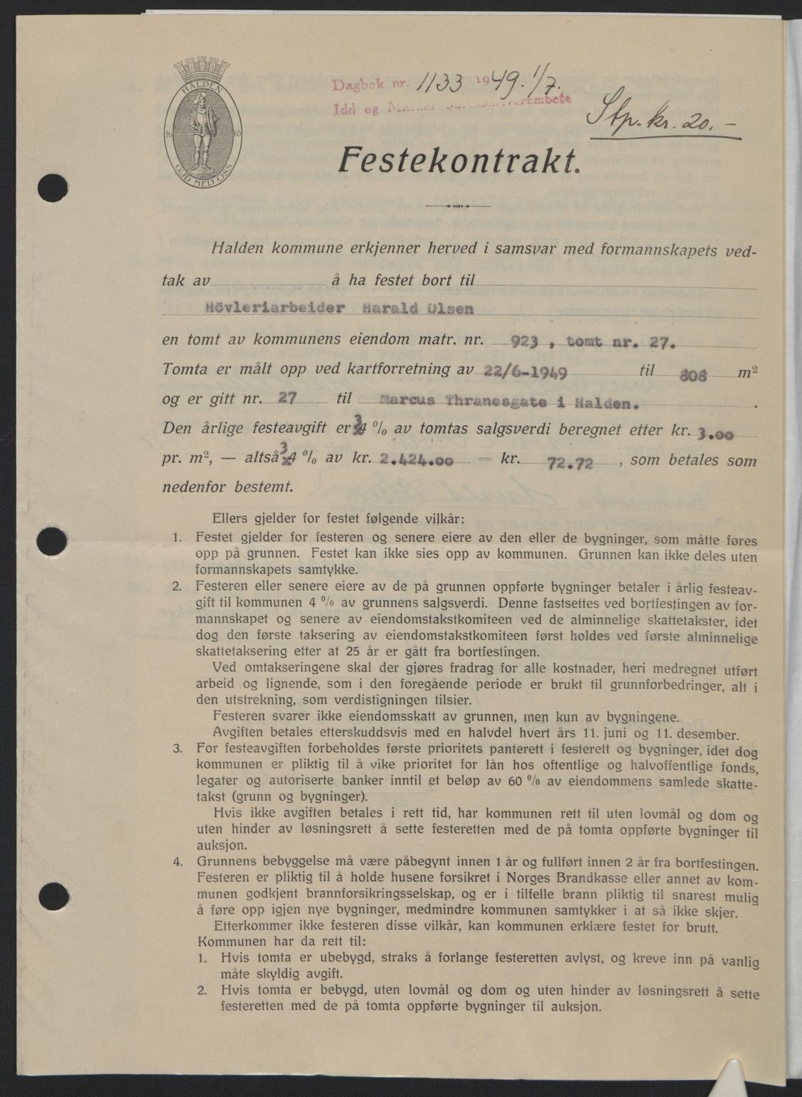 Idd og Marker sorenskriveri, SAO/A-10283/G/Gb/Gbb/L0012: Pantebok nr. A12, 1949-1949, Dagboknr: 1133/1949