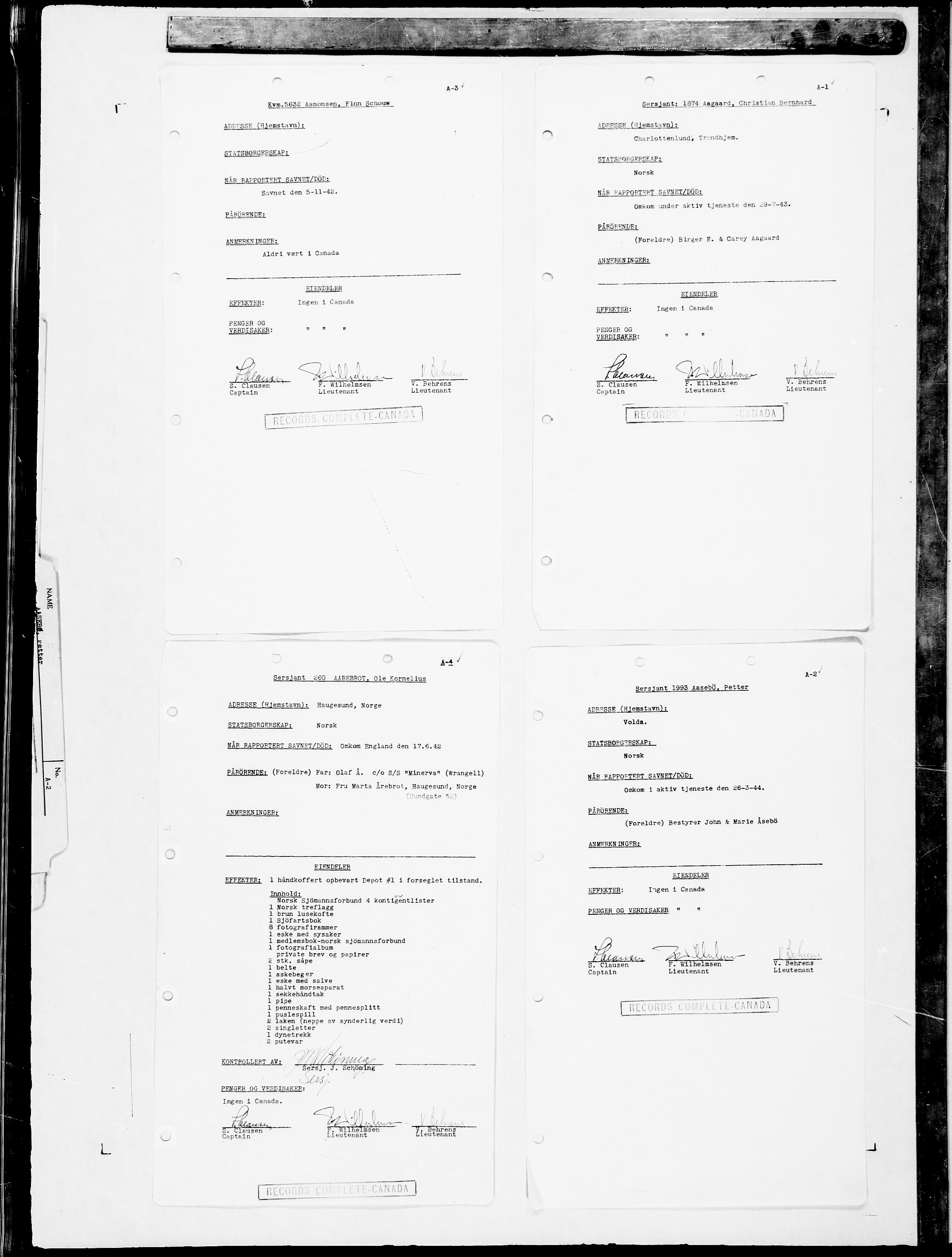 Forsvaret, Flyvåpnenes treningsleir 1940-1945, AV/RA-RAFA-3974/V/L0076: Ekspedisjonskontoret.
"Estate File".  Gjelder disponering av avdødes eiendeler., 1940-1945