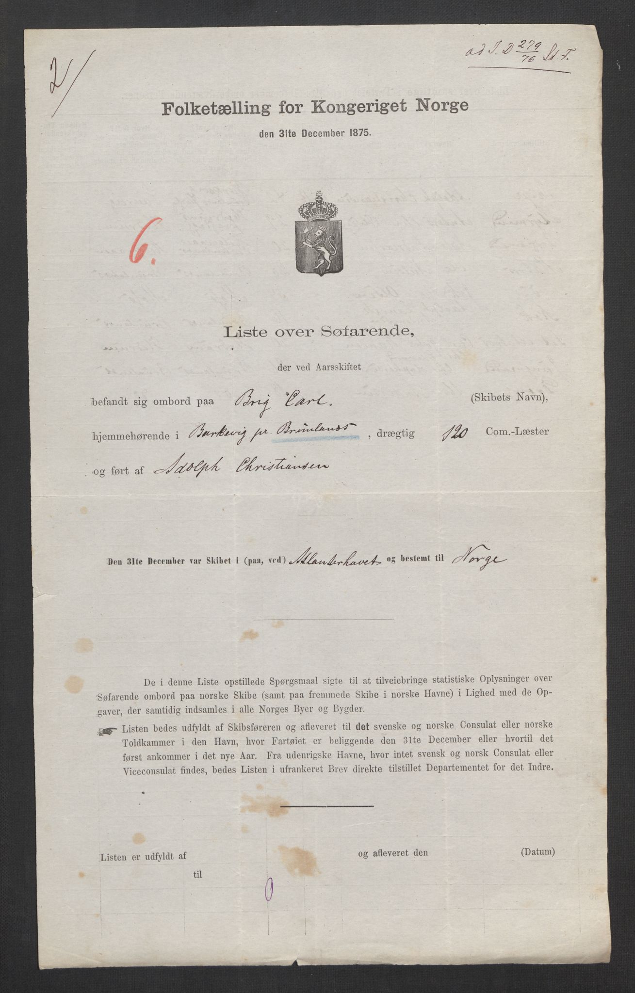 RA, Folketelling 1875, skipslister: Skip i innenrikske havner, hjemmehørende i 1) landdistrikter, 2) forskjellige steder, 3) utlandet, 1875, s. 22