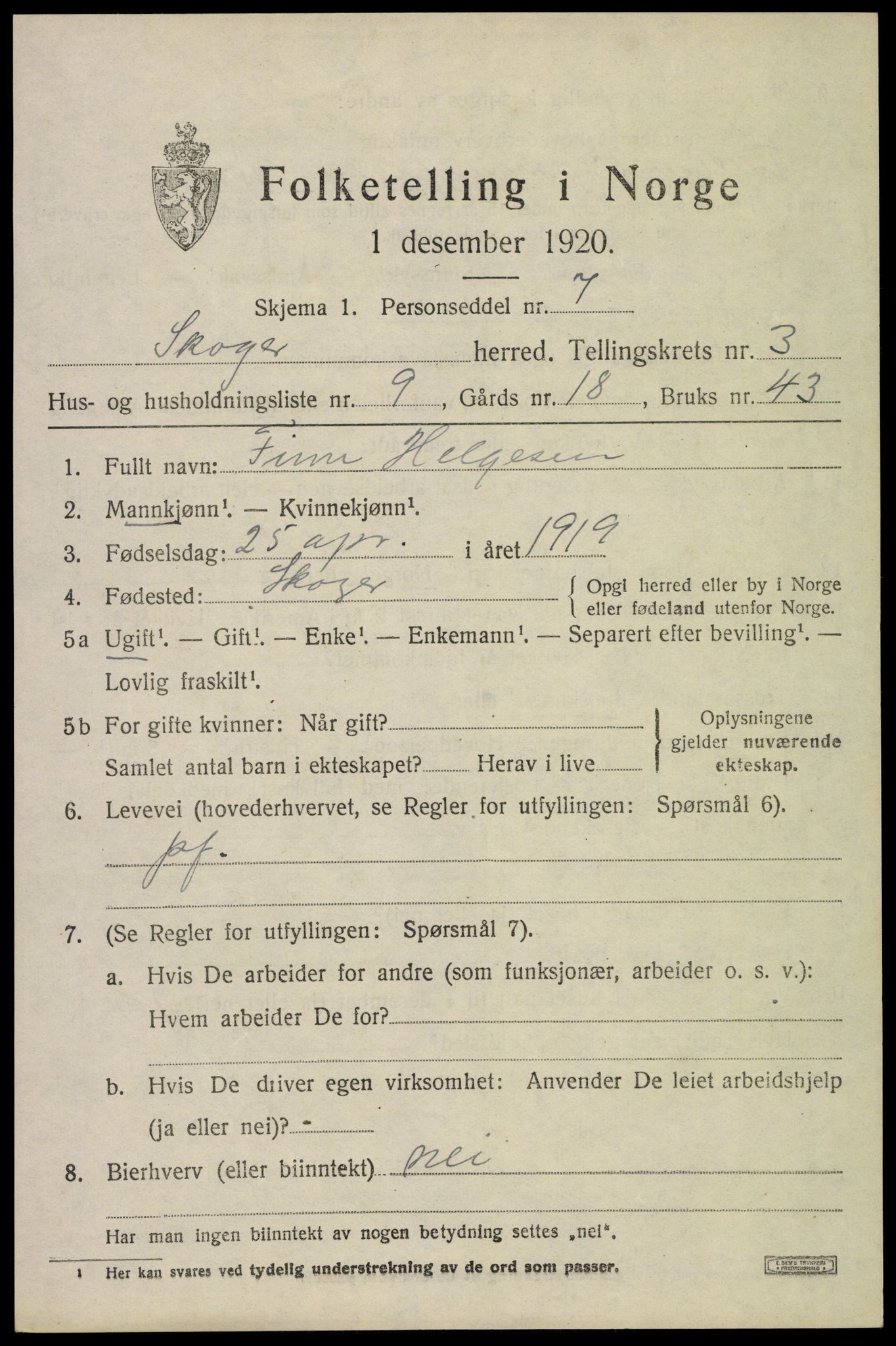SAKO, Folketelling 1920 for 0712 Skoger herred, 1920, s. 7443