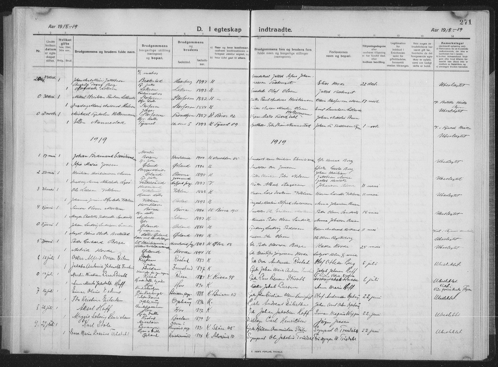 Ministerialprotokoller, klokkerbøker og fødselsregistre - Sør-Trøndelag, SAT/A-1456/659/L0747: Klokkerbok nr. 659C04, 1913-1938, s. 271