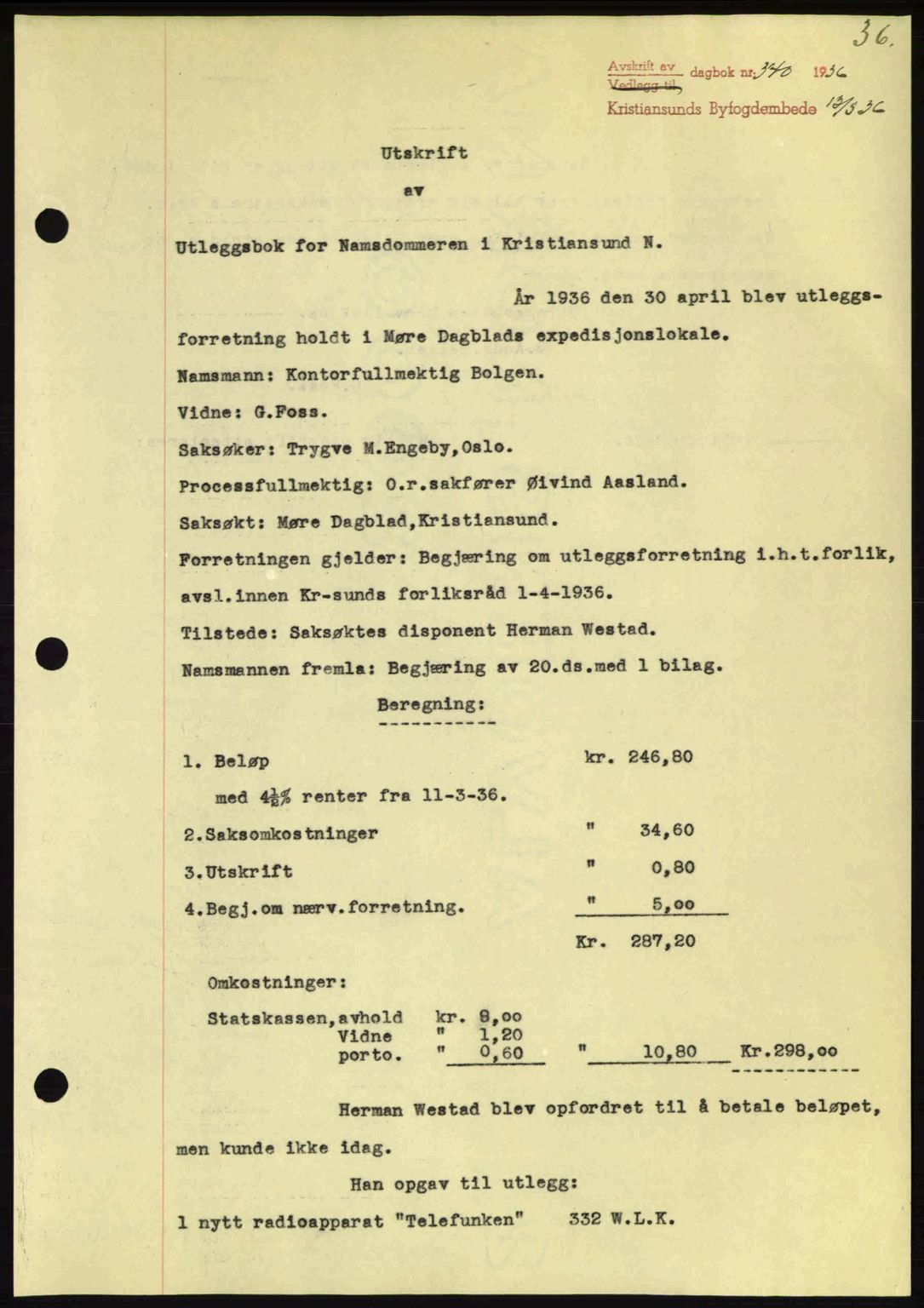 Kristiansund byfogd, AV/SAT-A-4587/A/27: Pantebok nr. 29, 1936-1937, Dagboknr: 340/1936