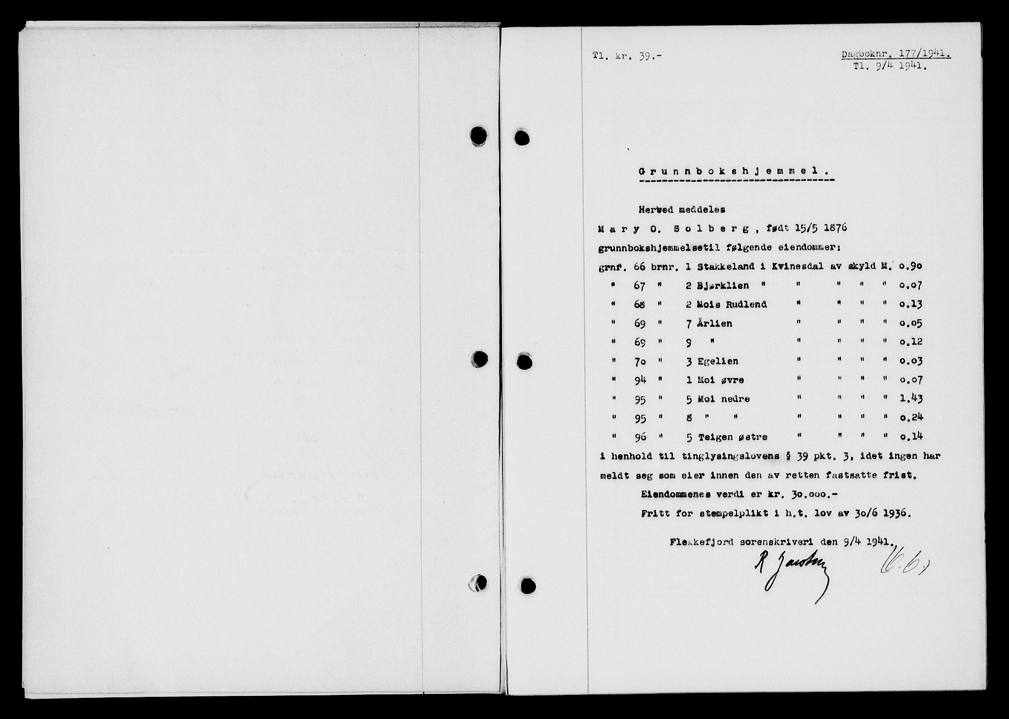 Flekkefjord sorenskriveri, AV/SAK-1221-0001/G/Gb/Gba/L0056: Pantebok nr. A-4, 1940-1941, Dagboknr: 177/1941