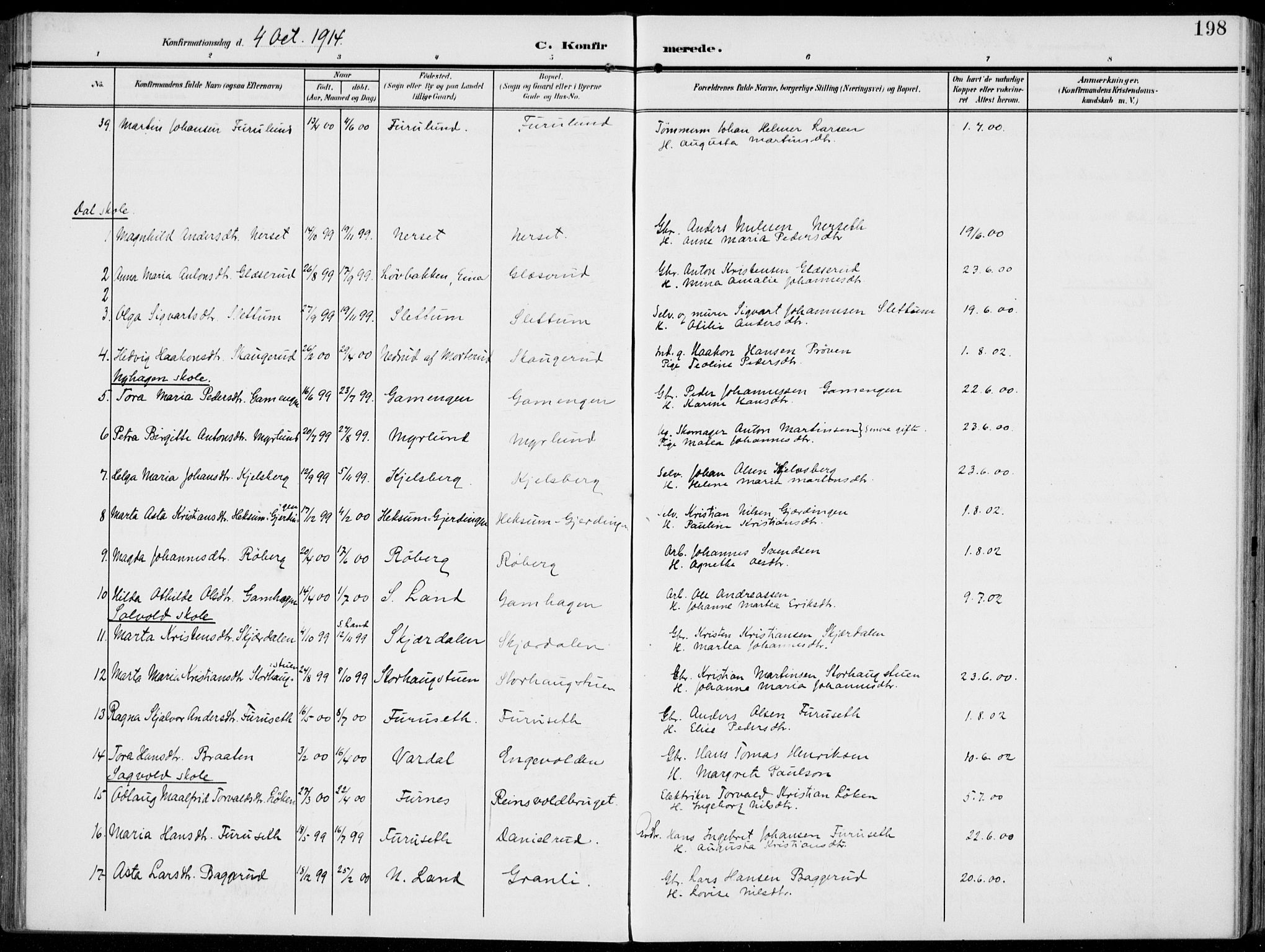 Vestre Toten prestekontor, AV/SAH-PREST-108/H/Ha/Haa/L0014: Ministerialbok nr. 14, 1907-1920, s. 198