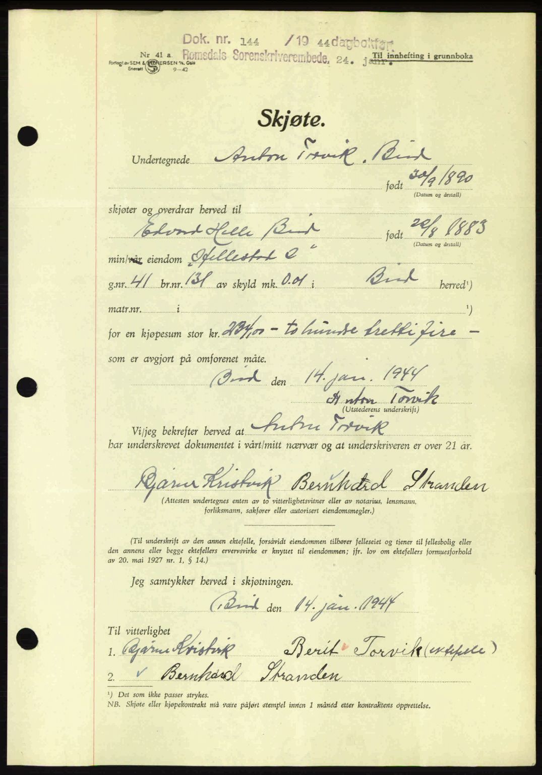 Romsdal sorenskriveri, AV/SAT-A-4149/1/2/2C: Pantebok nr. A15, 1943-1944, Dagboknr: 144/1944