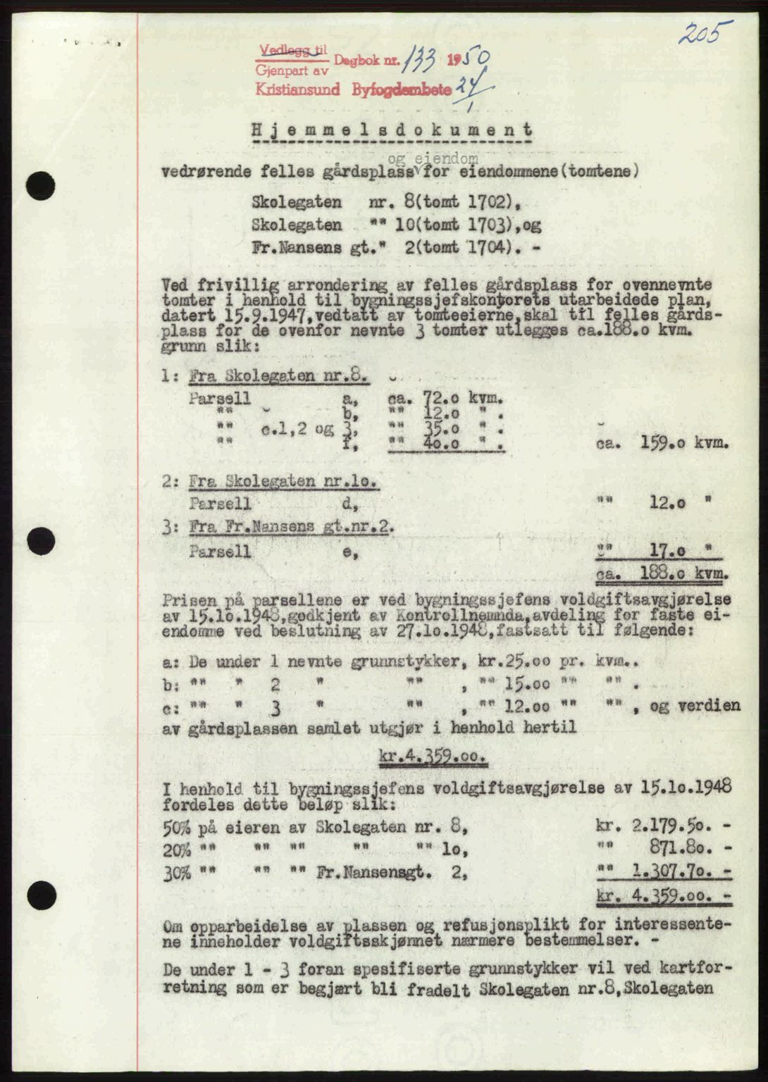 Kristiansund byfogd, AV/SAT-A-4587/A/27: Pantebok nr. 46, 1949-1950, Dagboknr: 133/1950