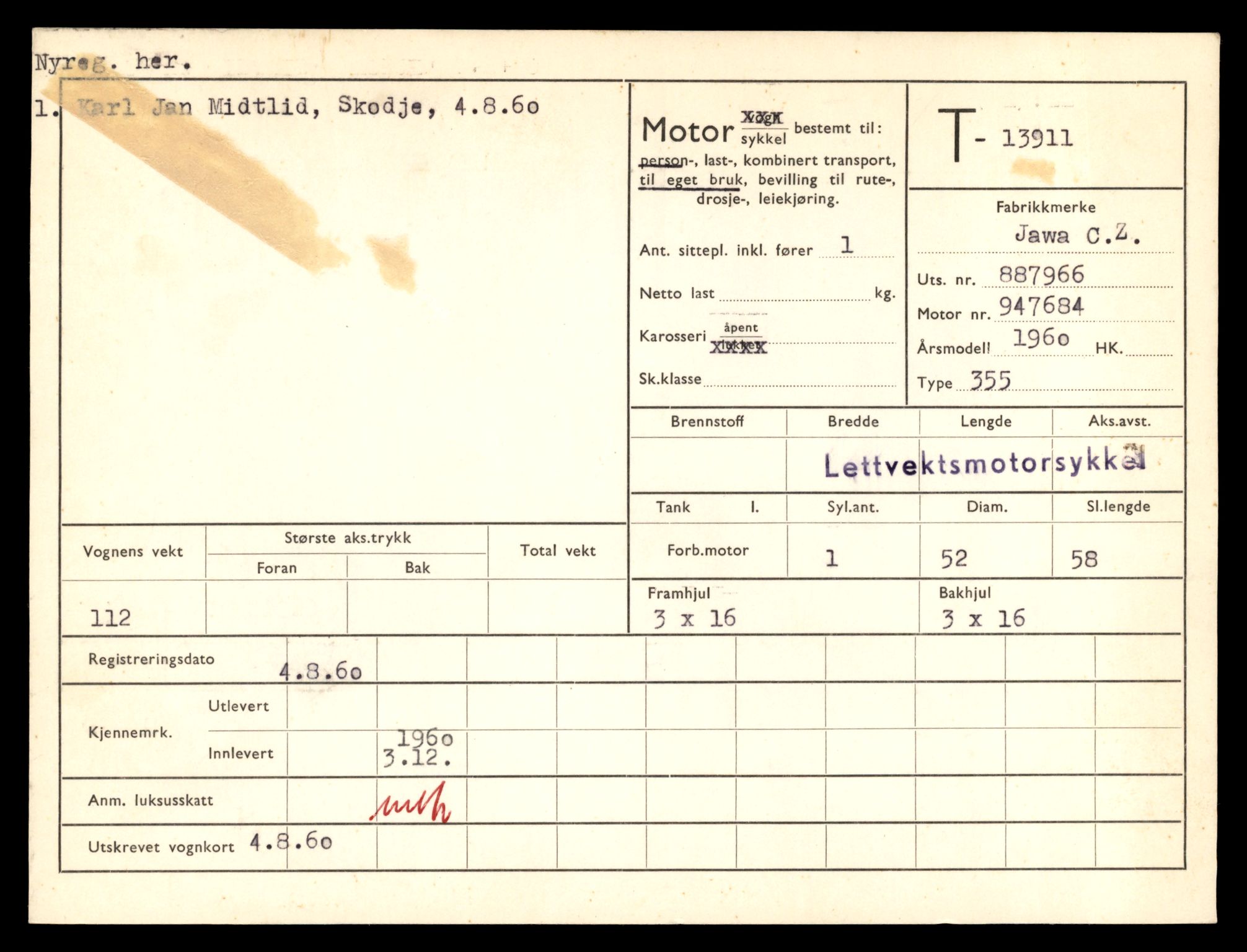 Møre og Romsdal vegkontor - Ålesund trafikkstasjon, AV/SAT-A-4099/F/Fe/L0042: Registreringskort for kjøretøy T 13906 - T 14079, 1927-1998, s. 77