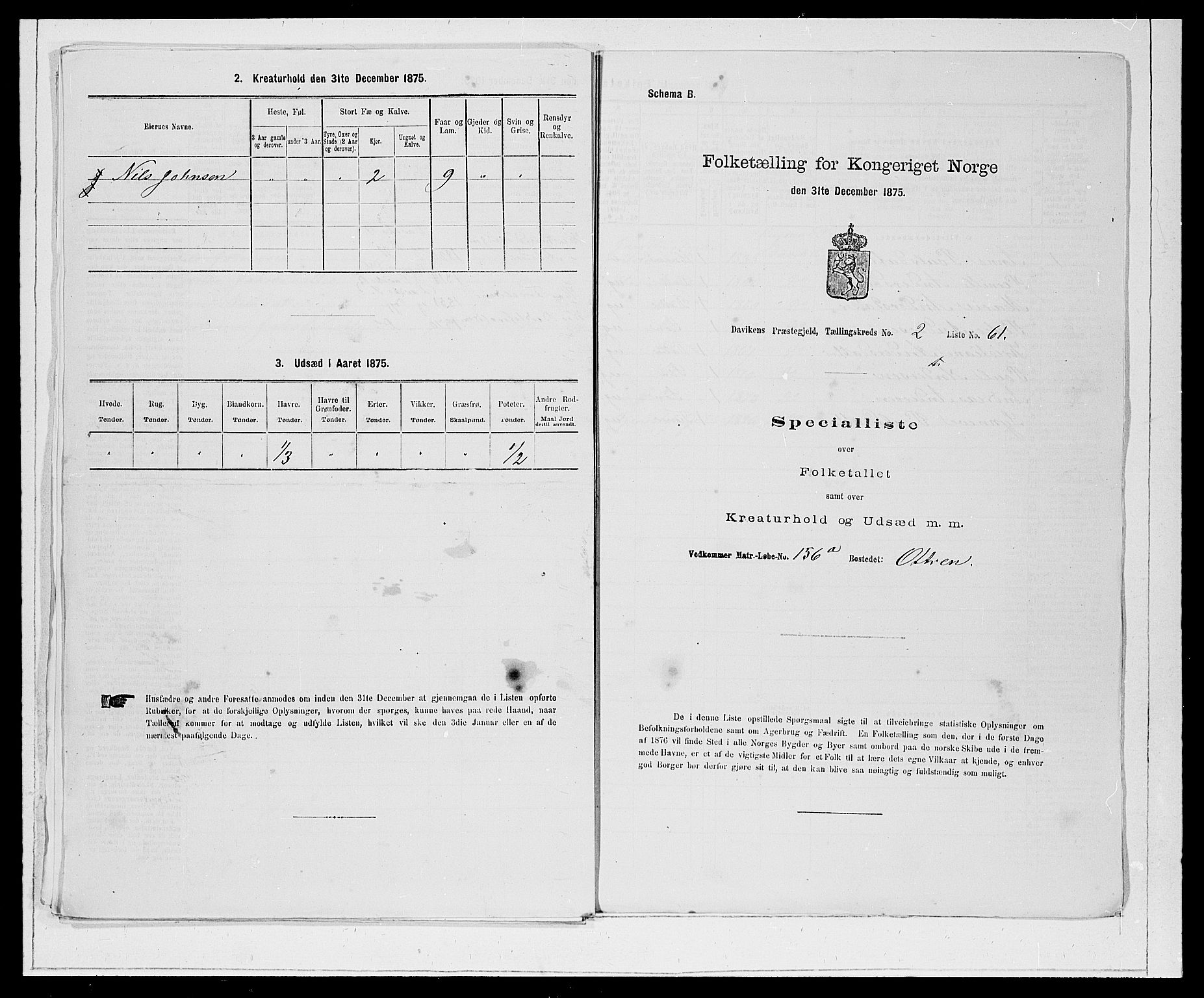 SAB, Folketelling 1875 for 1442P Davik prestegjeld, 1875, s. 291