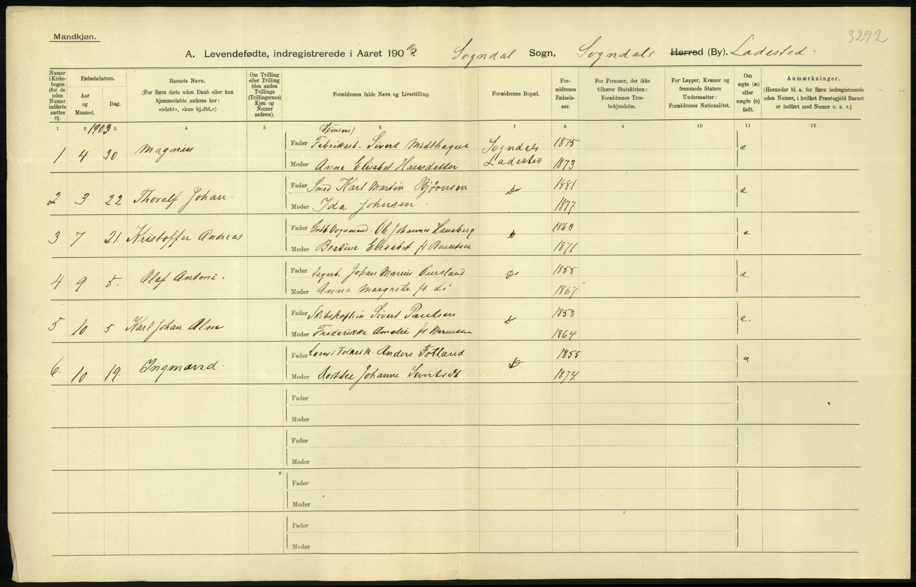 Statistisk sentralbyrå, Sosiodemografiske emner, Befolkning, AV/RA-S-2228/D/Df/Dfa/Dfaa/L0012: Stavanger amt: Fødte, gifte, døde, 1903, s. 298