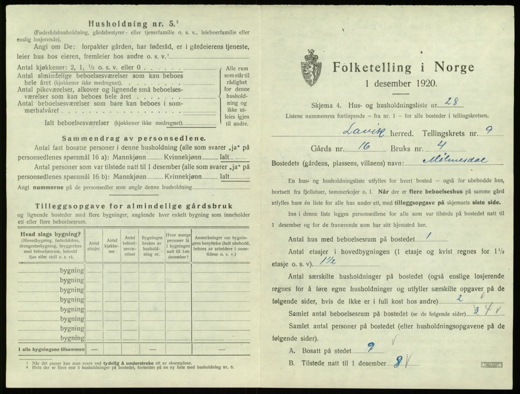 SAB, Folketelling 1920 for 1415 Lavik herred, 1920, s. 347