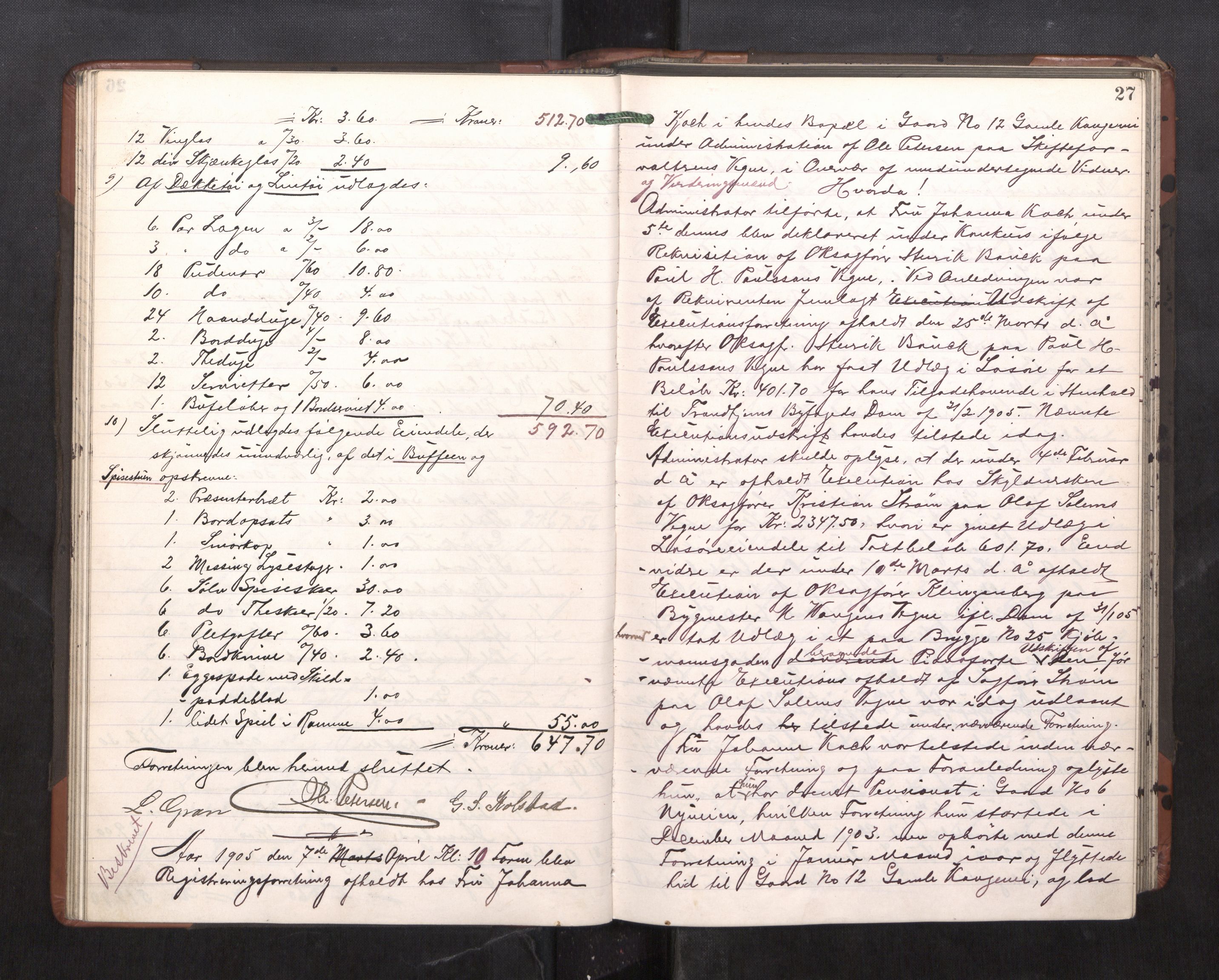 Trondheim byfogd, AV/SAT-A-0003/1/3/3C/L0023: Skifteregistreringsprotokoll - 11/2-15/5. (u/ register), 1905-1907, s. 27