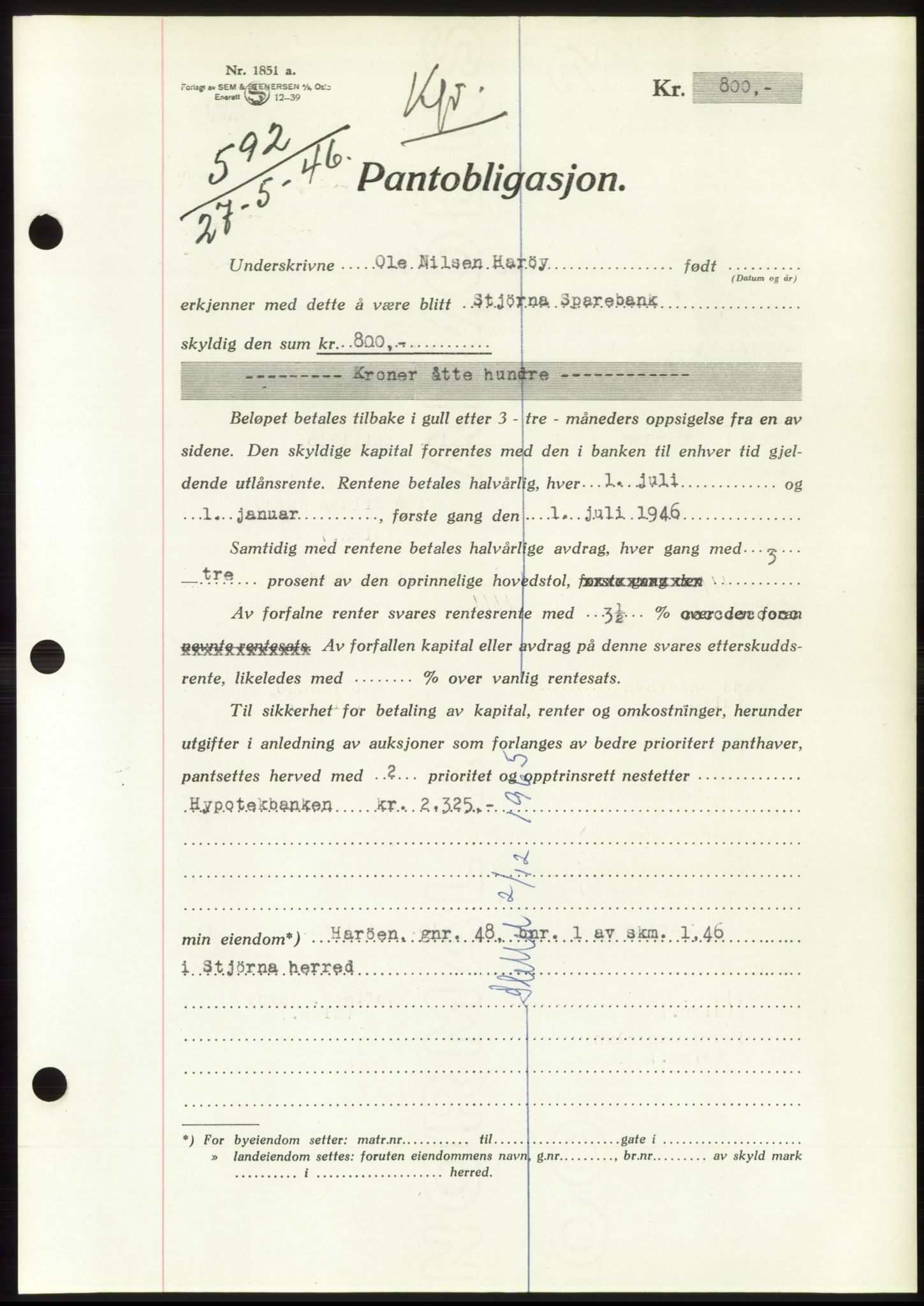 Fosen sorenskriveri, AV/SAT-A-1107/1/2/2C: Pantebok nr. B, 1946-1948, Dagboknr: 592/1946