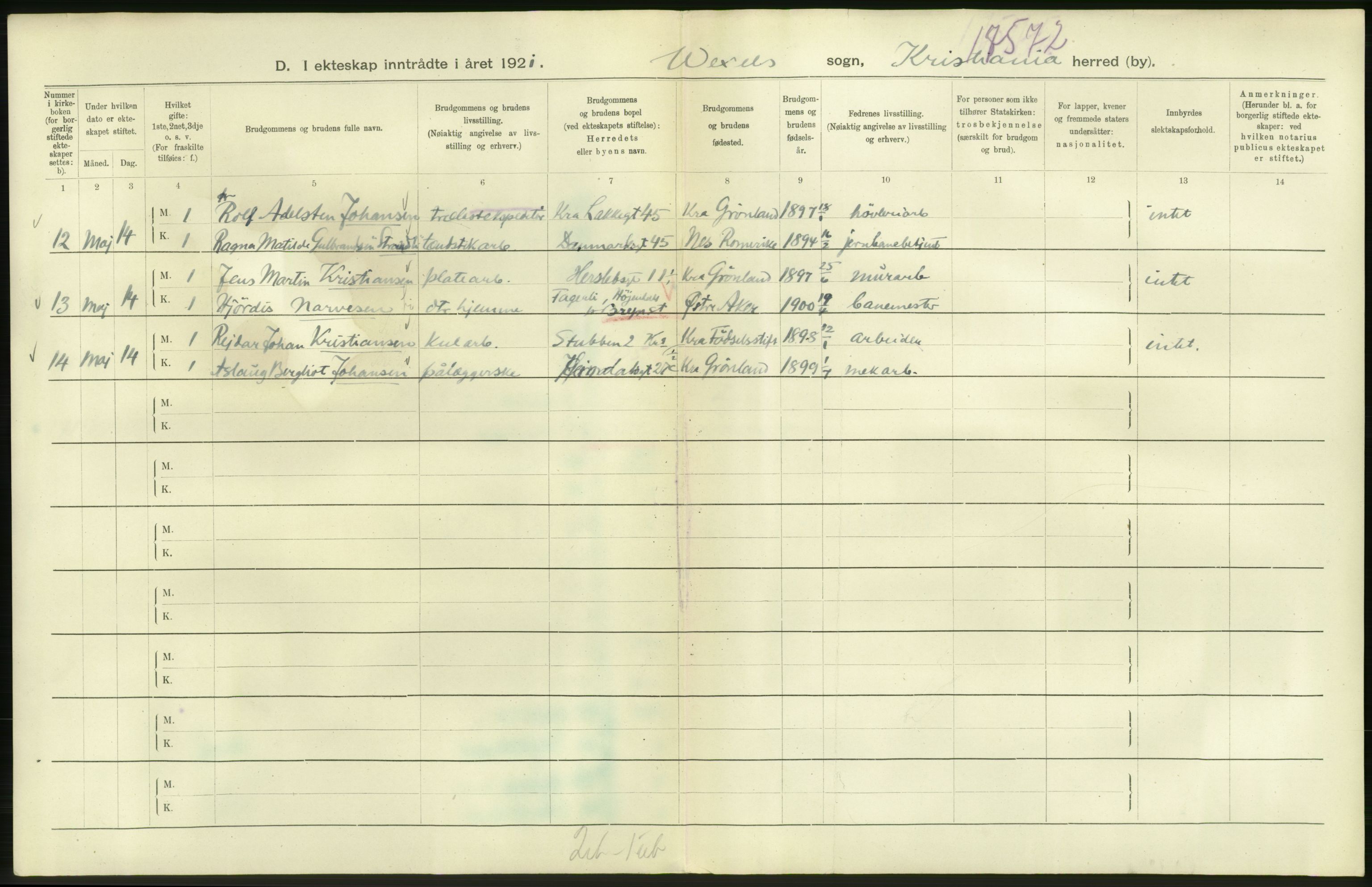 Statistisk sentralbyrå, Sosiodemografiske emner, Befolkning, RA/S-2228/D/Df/Dfc/Dfca/L0011: Kristiania: Gifte, 1921, s. 618