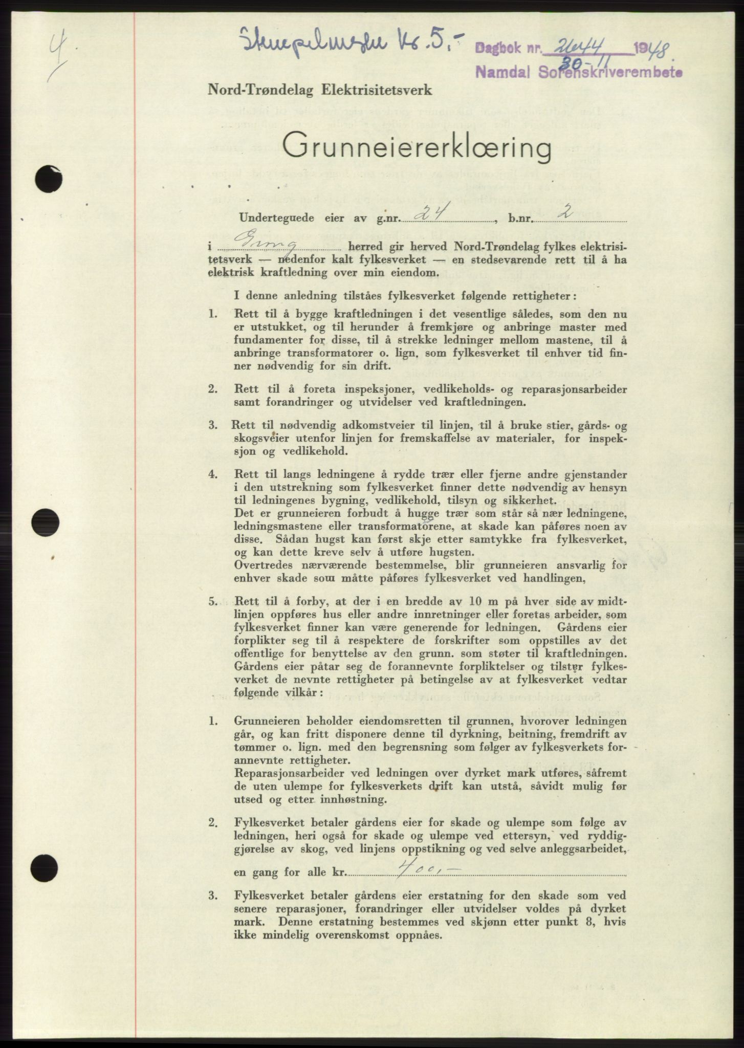 Namdal sorenskriveri, SAT/A-4133/1/2/2C: Pantebok nr. -, 1948-1948, Dagboknr: 2644/1948
