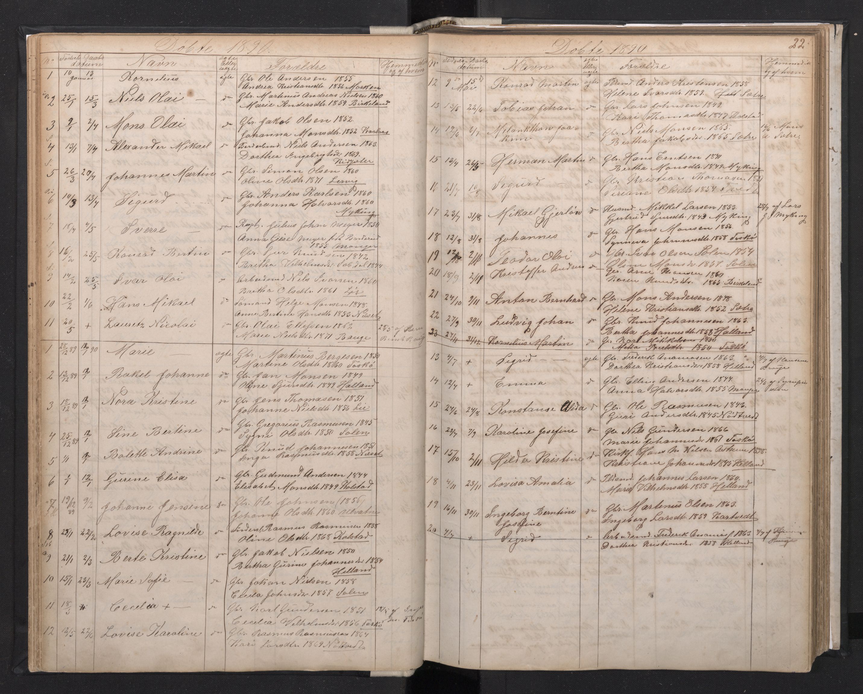 Manger sokneprestembete, AV/SAB-A-76801/H/Hab: Klokkerbok nr. A 1, 1874-1901, s. 21b-22a