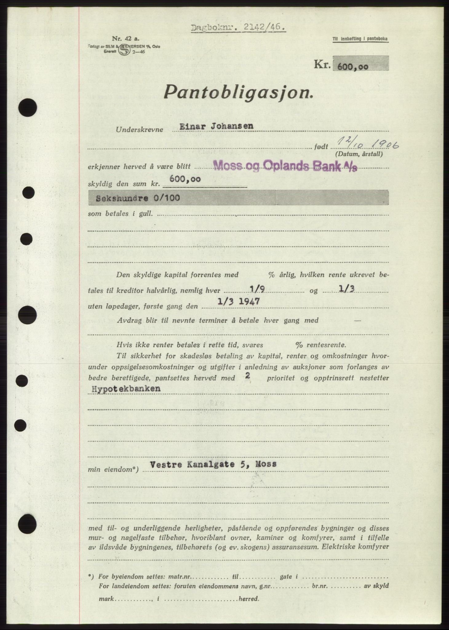 Moss sorenskriveri, SAO/A-10168: Pantebok nr. B15, 1946-1946, Dagboknr: 2142/1946