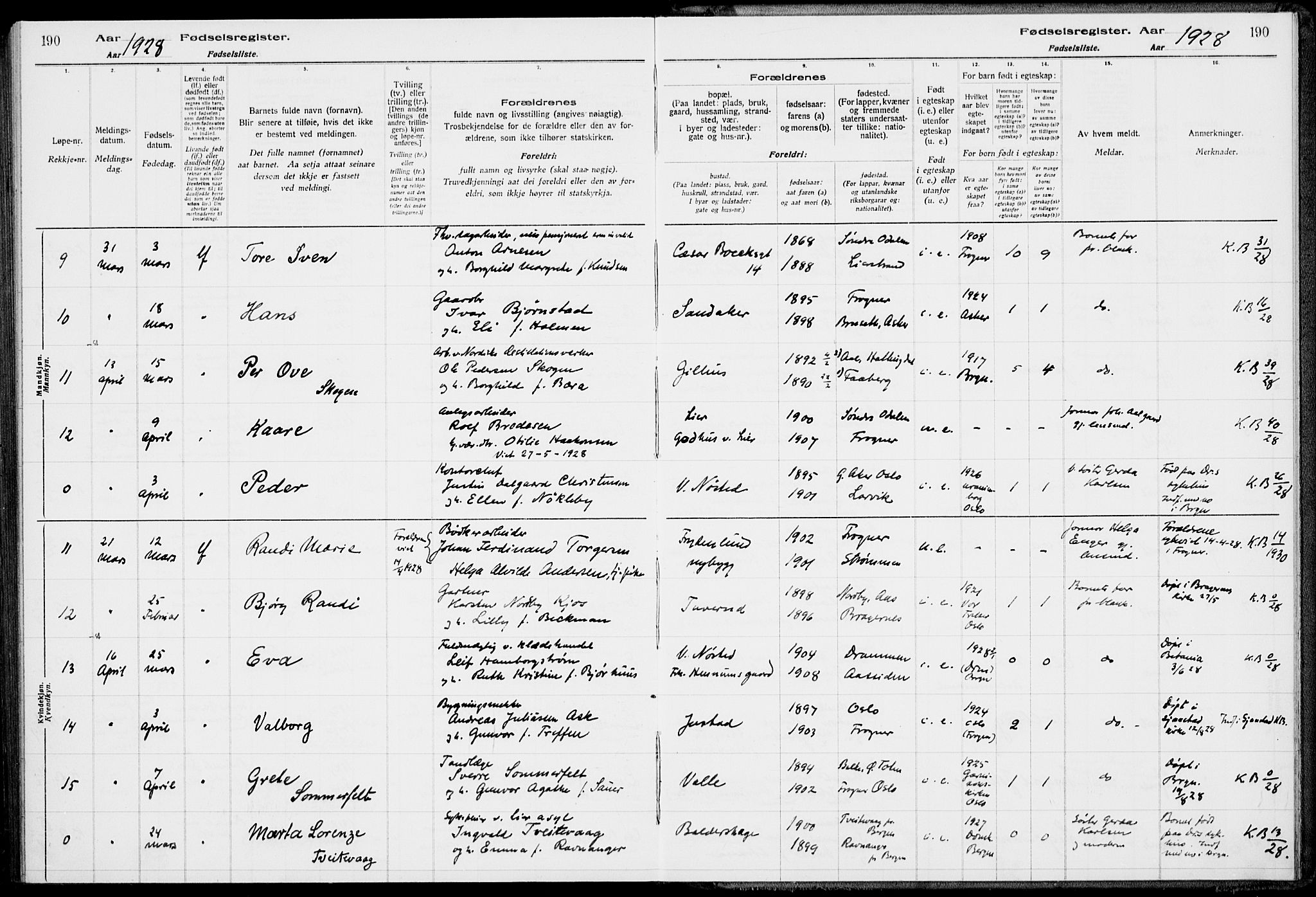 Lier kirkebøker, AV/SAKO-A-230/J/Ja/L0001: Fødselsregister nr. 1, 1916-1928, s. 190