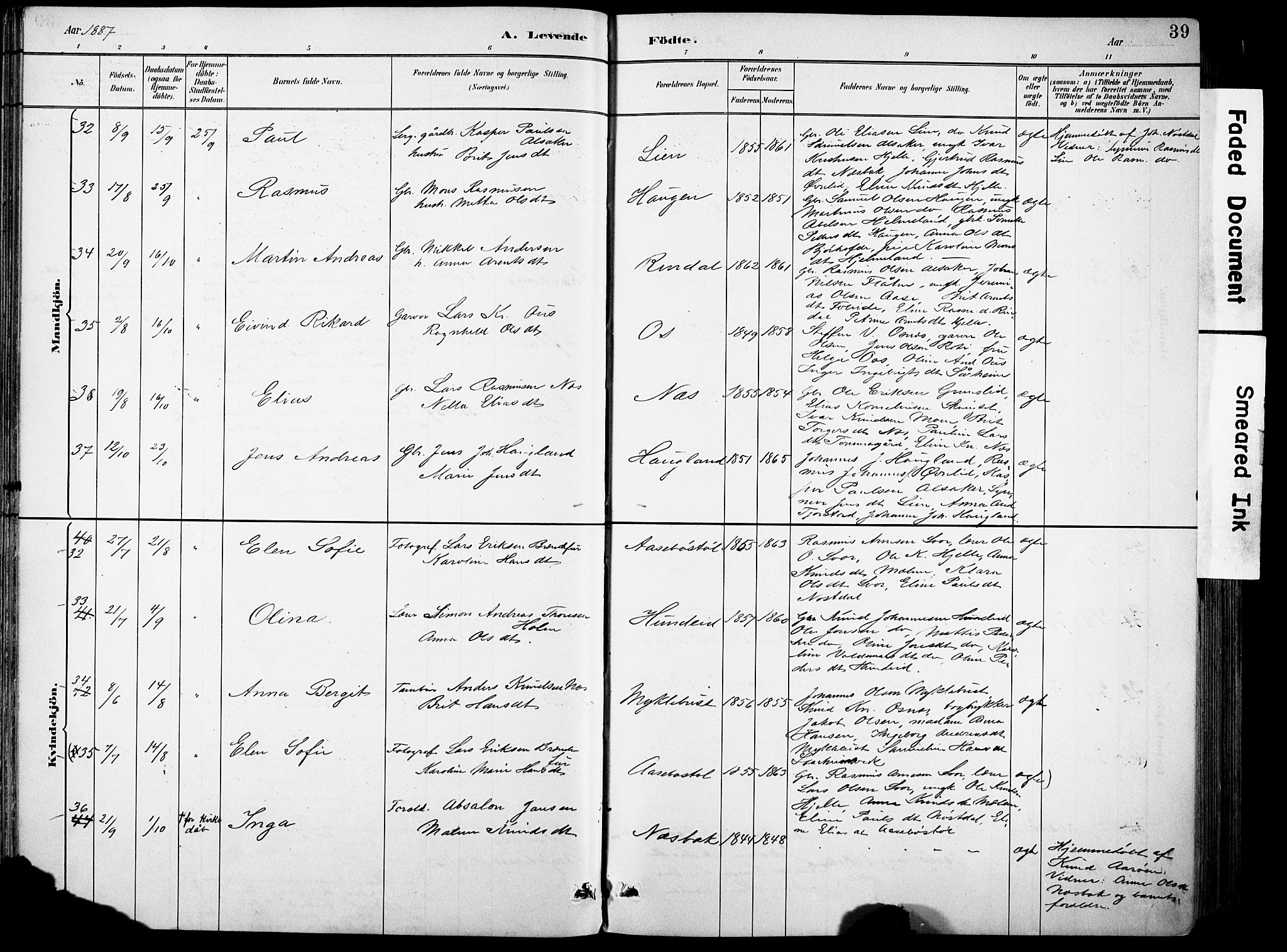 Eid sokneprestembete, AV/SAB-A-82301/H/Hab/Habb/L0002: Klokkerbok nr. B 2, 1882-1907, s. 39