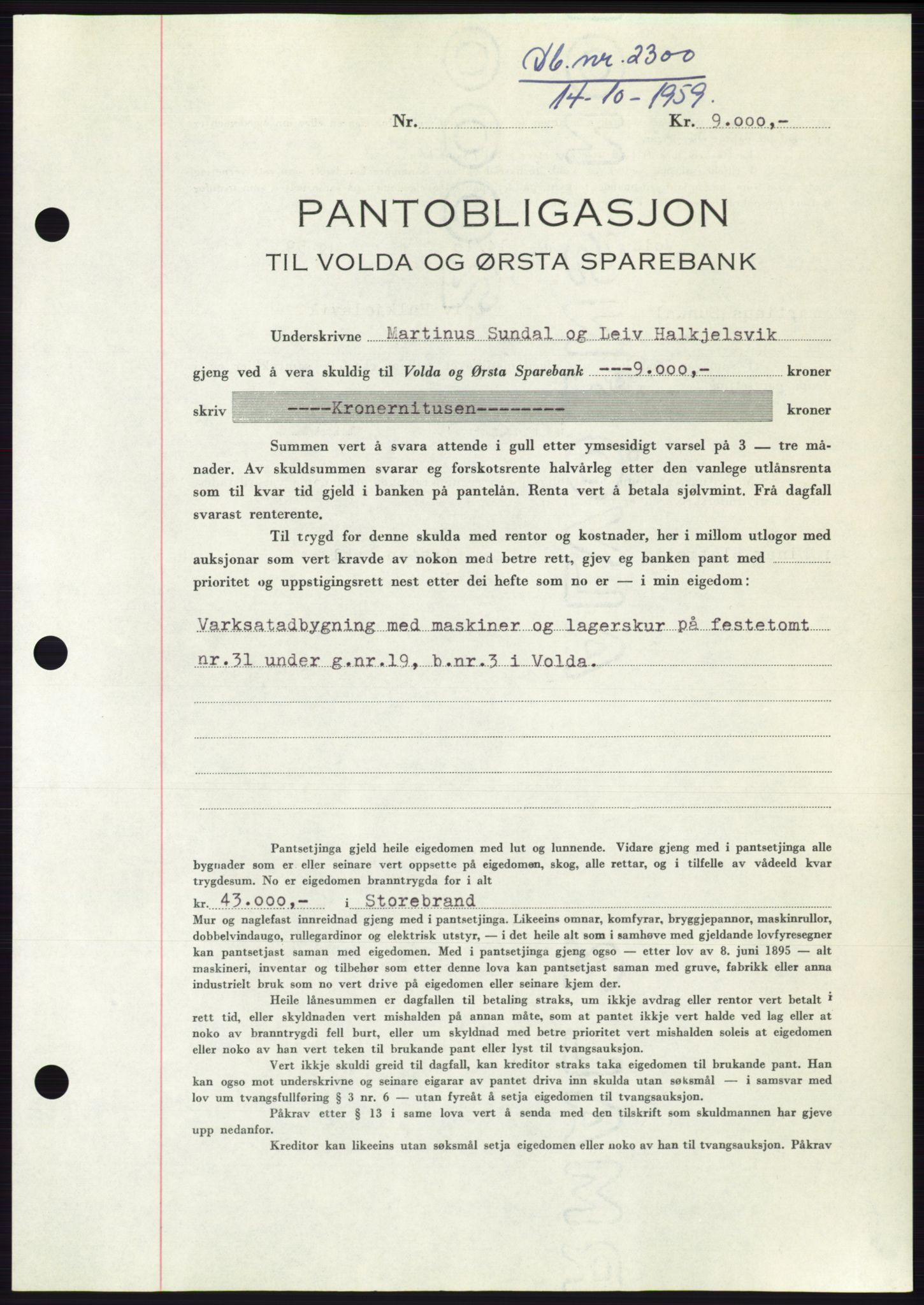 Søre Sunnmøre sorenskriveri, SAT/A-4122/1/2/2C/L0133: Pantebok nr. 21B, 1959-1959, Dagboknr: 2300/1959