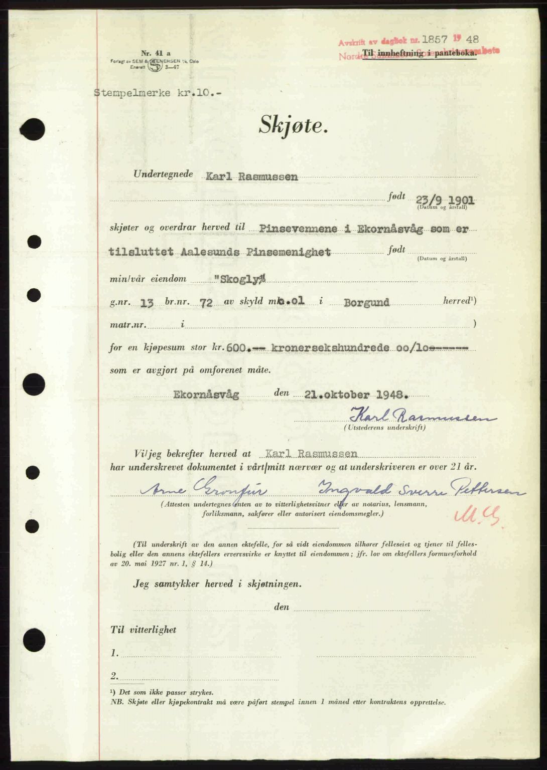 Nordre Sunnmøre sorenskriveri, AV/SAT-A-0006/1/2/2C/2Ca: Pantebok nr. A28, 1948-1948, Dagboknr: 1857/1948