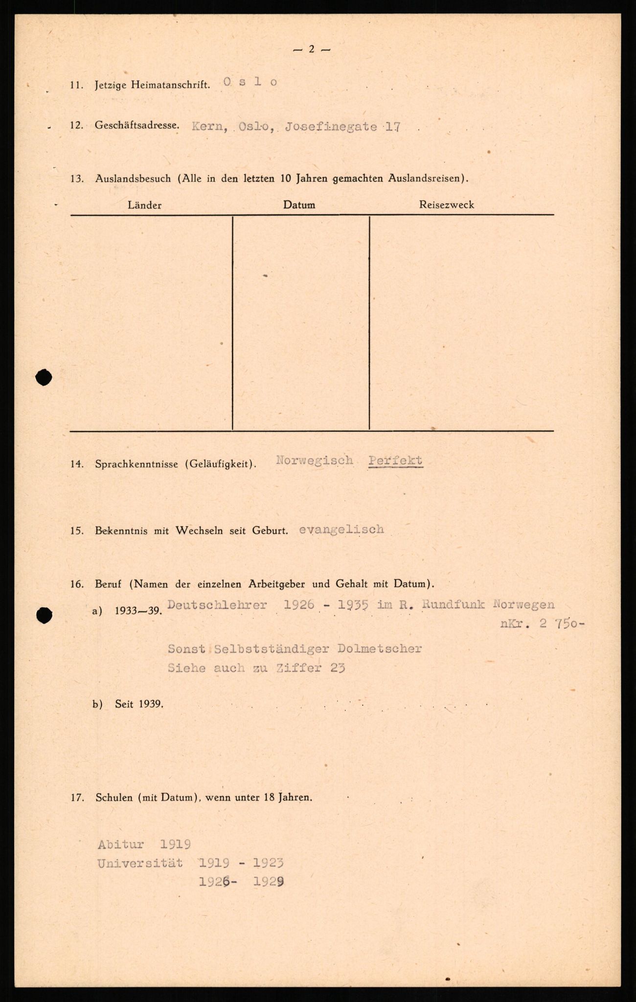 Forsvaret, Forsvarets overkommando II, RA/RAFA-3915/D/Db/L0016: CI Questionaires. Tyske okkupasjonsstyrker i Norge. Tyskere., 1945-1946, s. 326