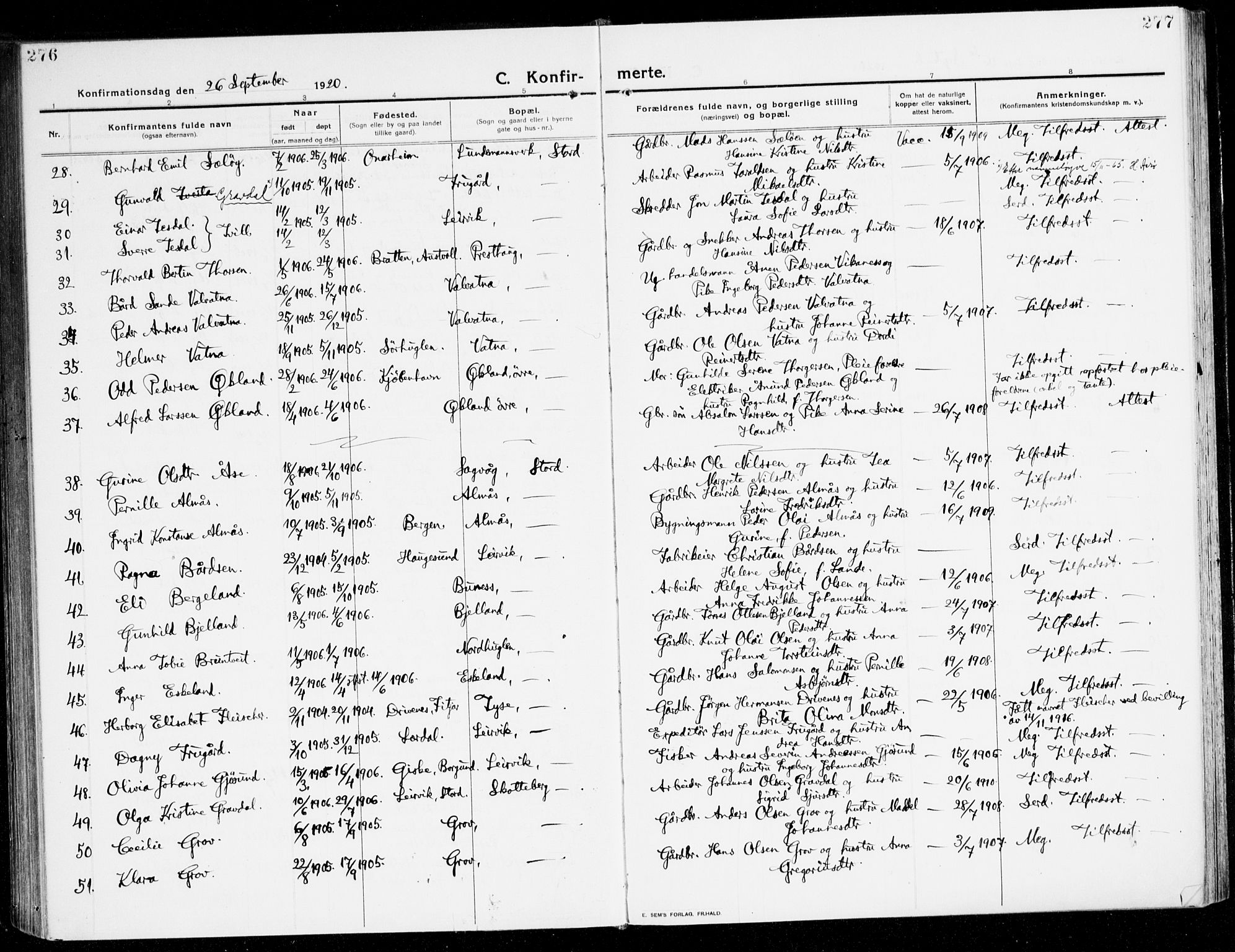 Stord sokneprestembete, AV/SAB-A-78201/H/Haa: Ministerialbok nr. B 3, 1913-1925, s. 276-277