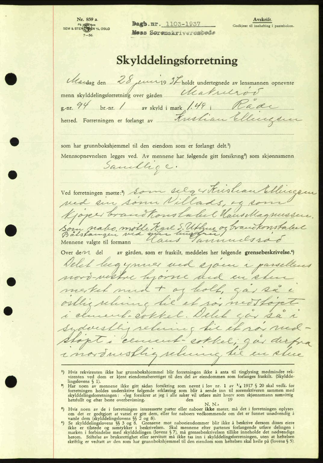 Moss sorenskriveri, SAO/A-10168: Pantebok nr. A3, 1937-1938, Dagboknr: 1103/1937
