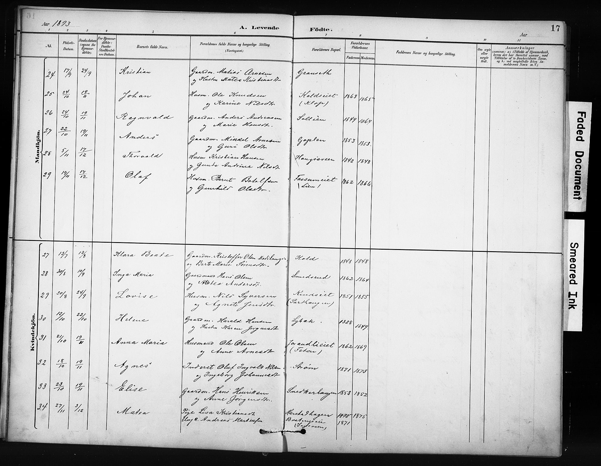 Nordre Land prestekontor, SAH/PREST-124/H/Ha/Hab/L0012: Klokkerbok nr. 12, 1891-1909, s. 17