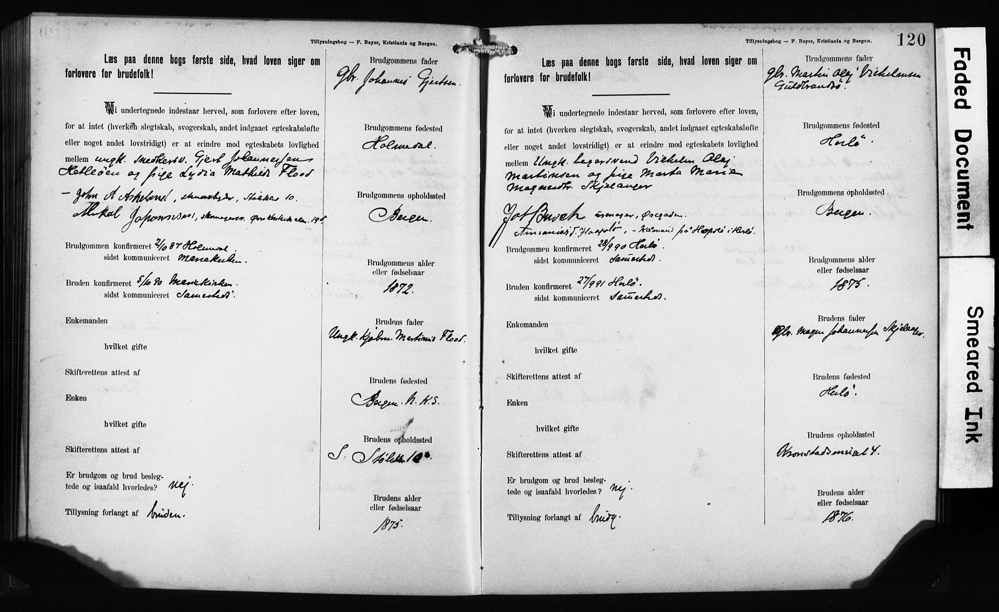 Mariakirken Sokneprestembete, SAB/A-76901: Forlovererklæringer nr. II.5.1, 1891-1901, s. 120