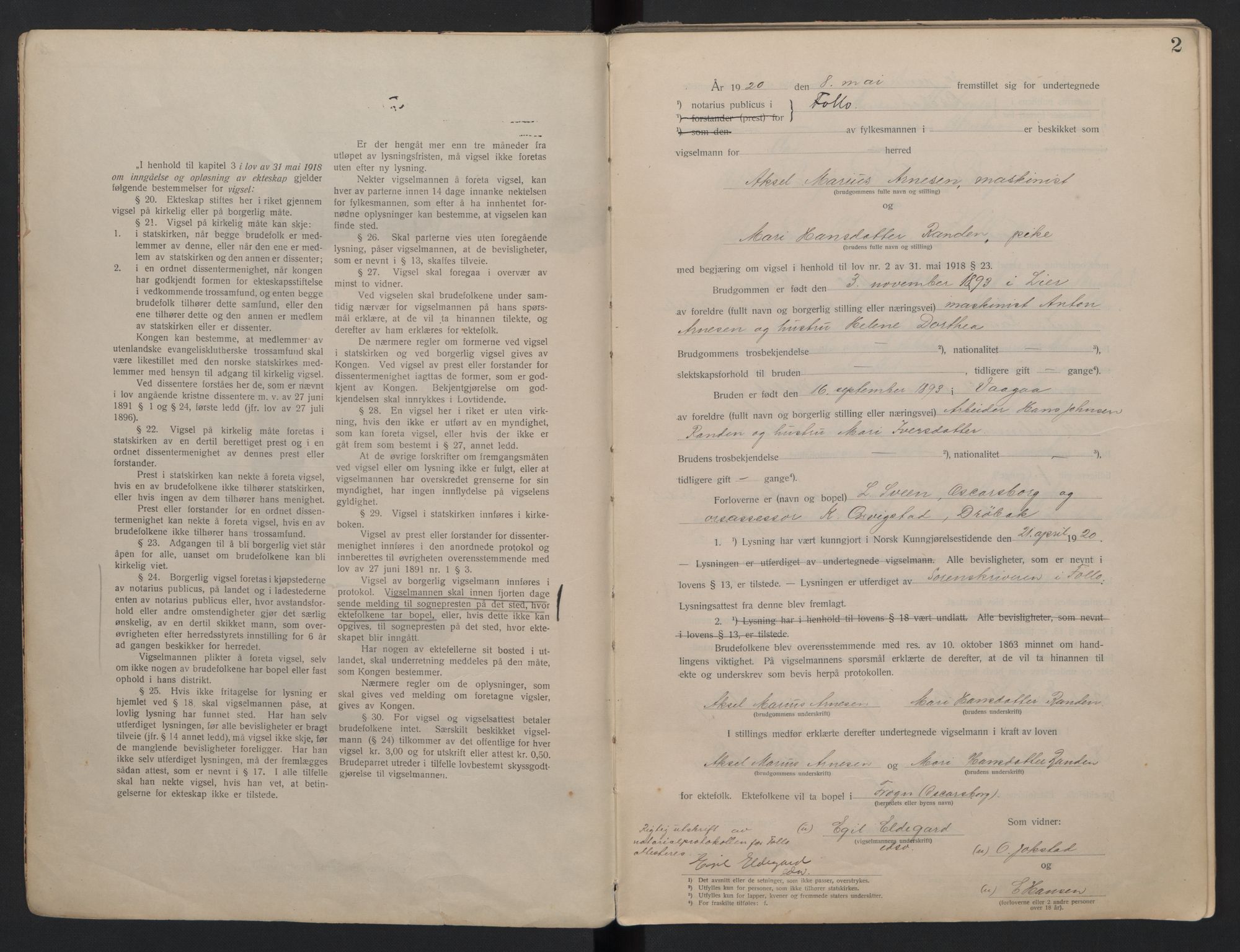 Follo sorenskriveri, AV/SAO-A-10274/L/La/Lab/L0001: Vigselsbok, 1920-1942, s. 2