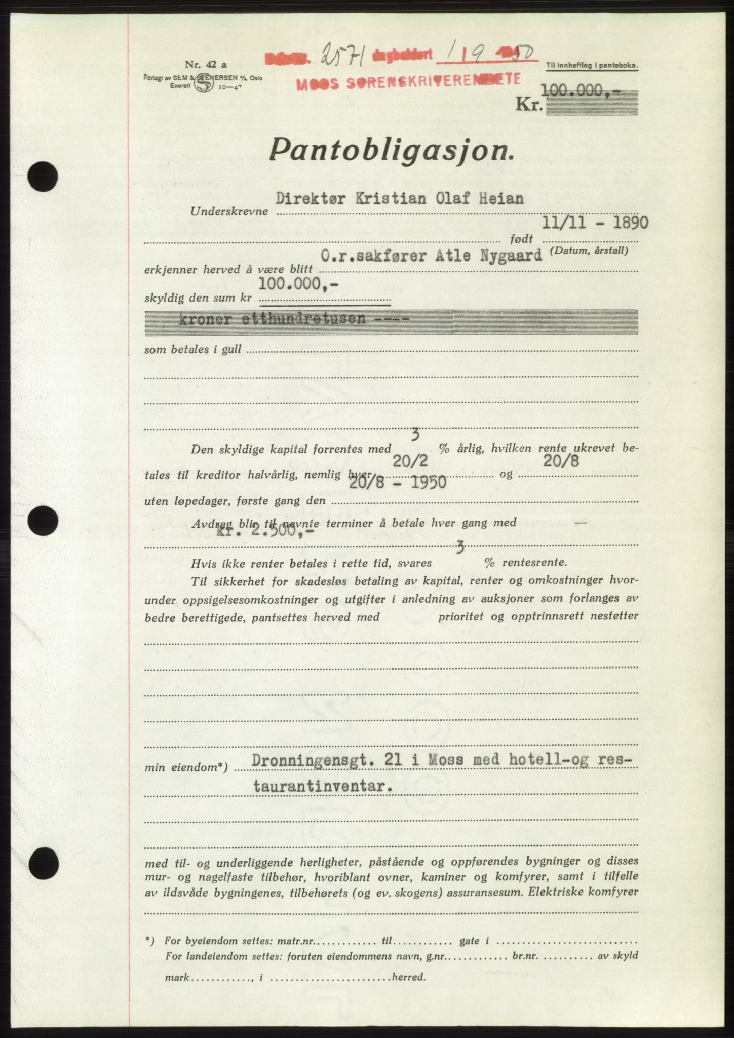 Moss sorenskriveri, SAO/A-10168: Pantebok nr. B25, 1950-1950, Dagboknr: 2571/1950