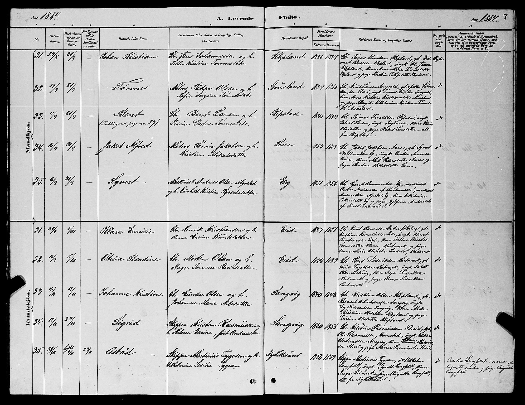 Søgne sokneprestkontor, AV/SAK-1111-0037/F/Fb/Fbb/L0005: Klokkerbok nr. B 5, 1884-1891, s. 7