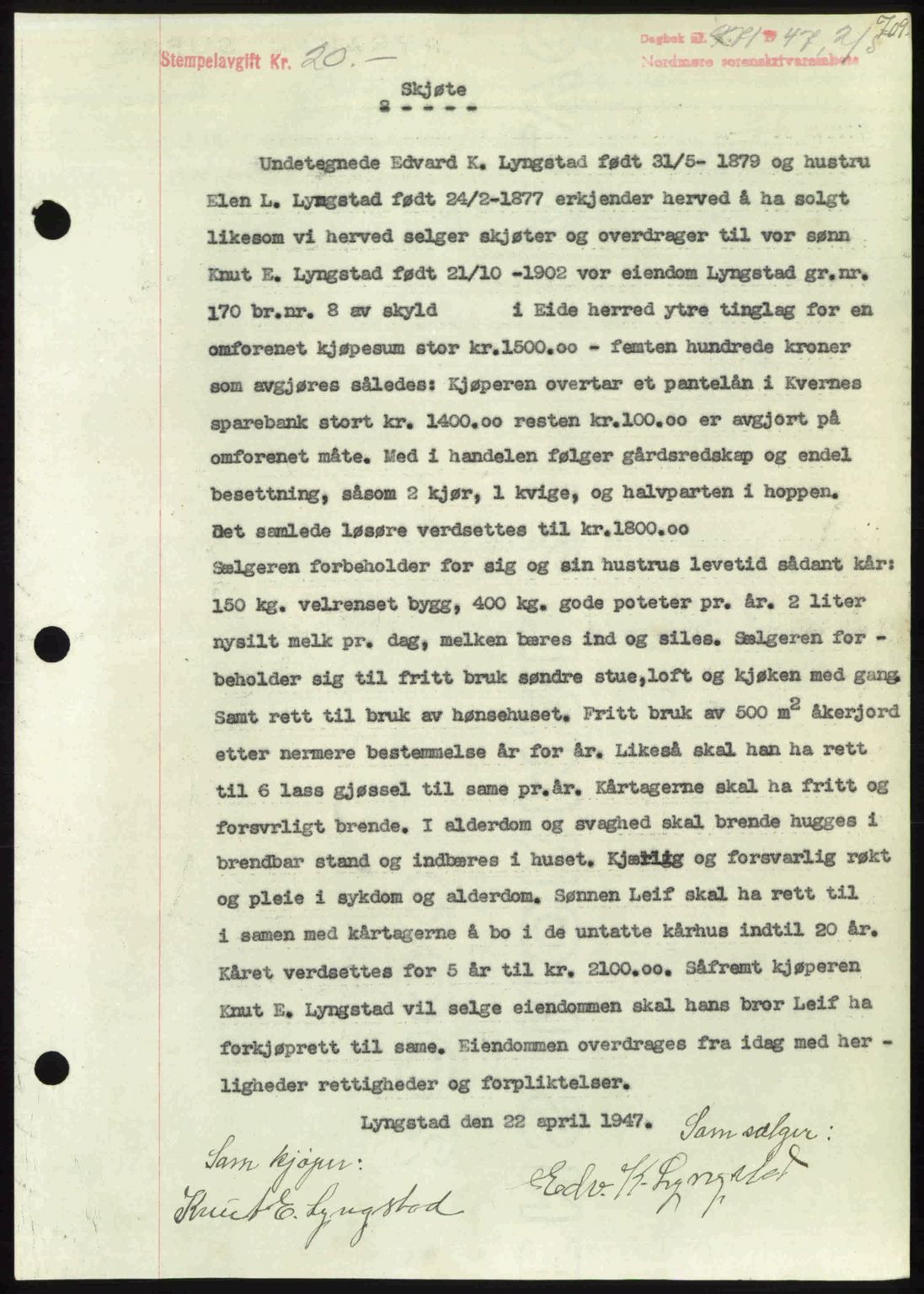 Nordmøre sorenskriveri, SAT/A-4132/1/2/2Ca: Pantebok nr. A104, 1947-1947, Dagboknr: 971/1947