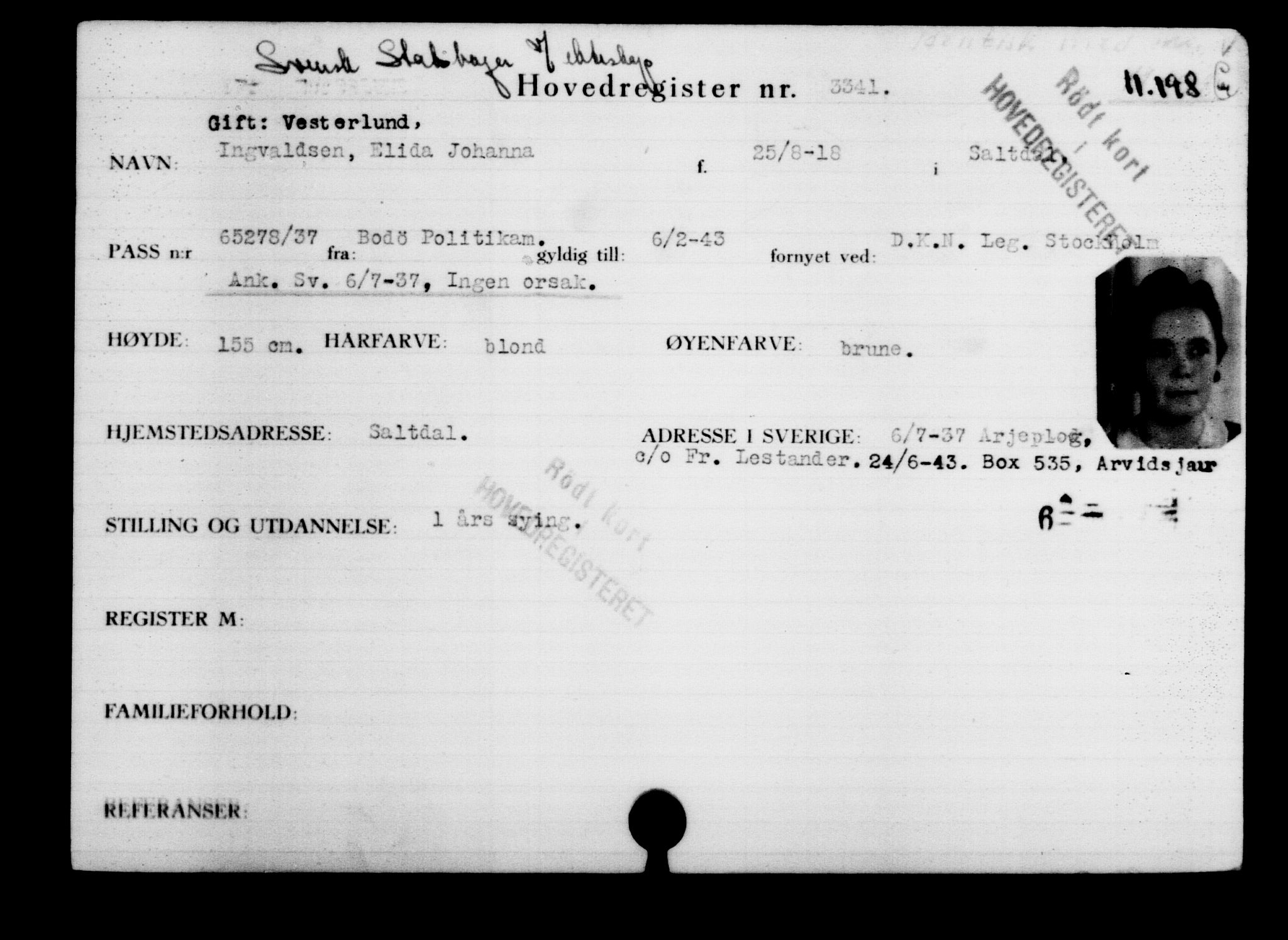 Utenriksstasjonene, Legasjonen i Stockholm, Flyktningkontoret, AV/RA-S-6753/V/Va/L0003: Kjesäterkartoteket, flyktninger med registreringsnr. 2001-3495, 1940-1945, s. 1829