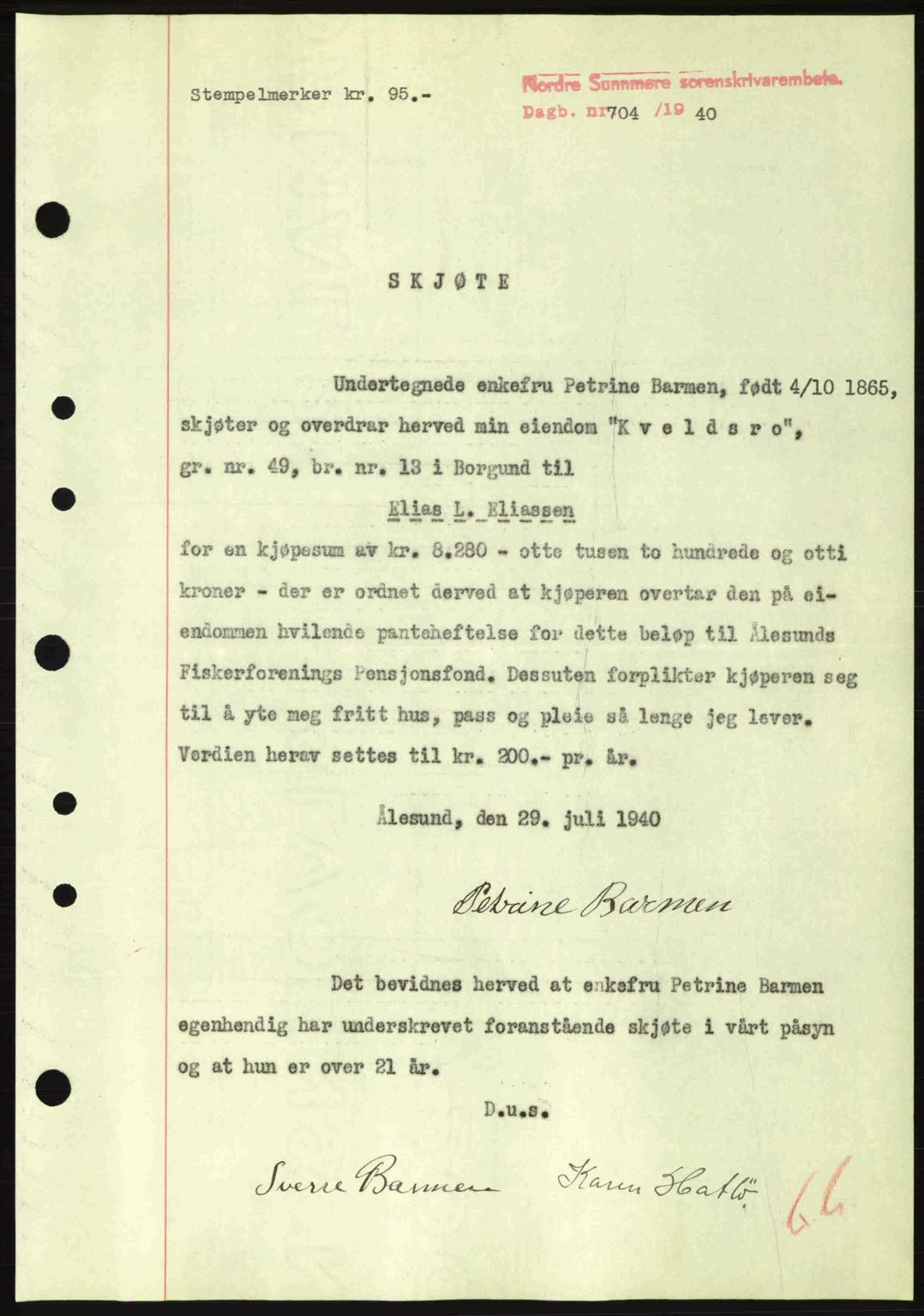 Nordre Sunnmøre sorenskriveri, AV/SAT-A-0006/1/2/2C/2Ca: Pantebok nr. A9, 1940-1940, Dagboknr: 704/1940