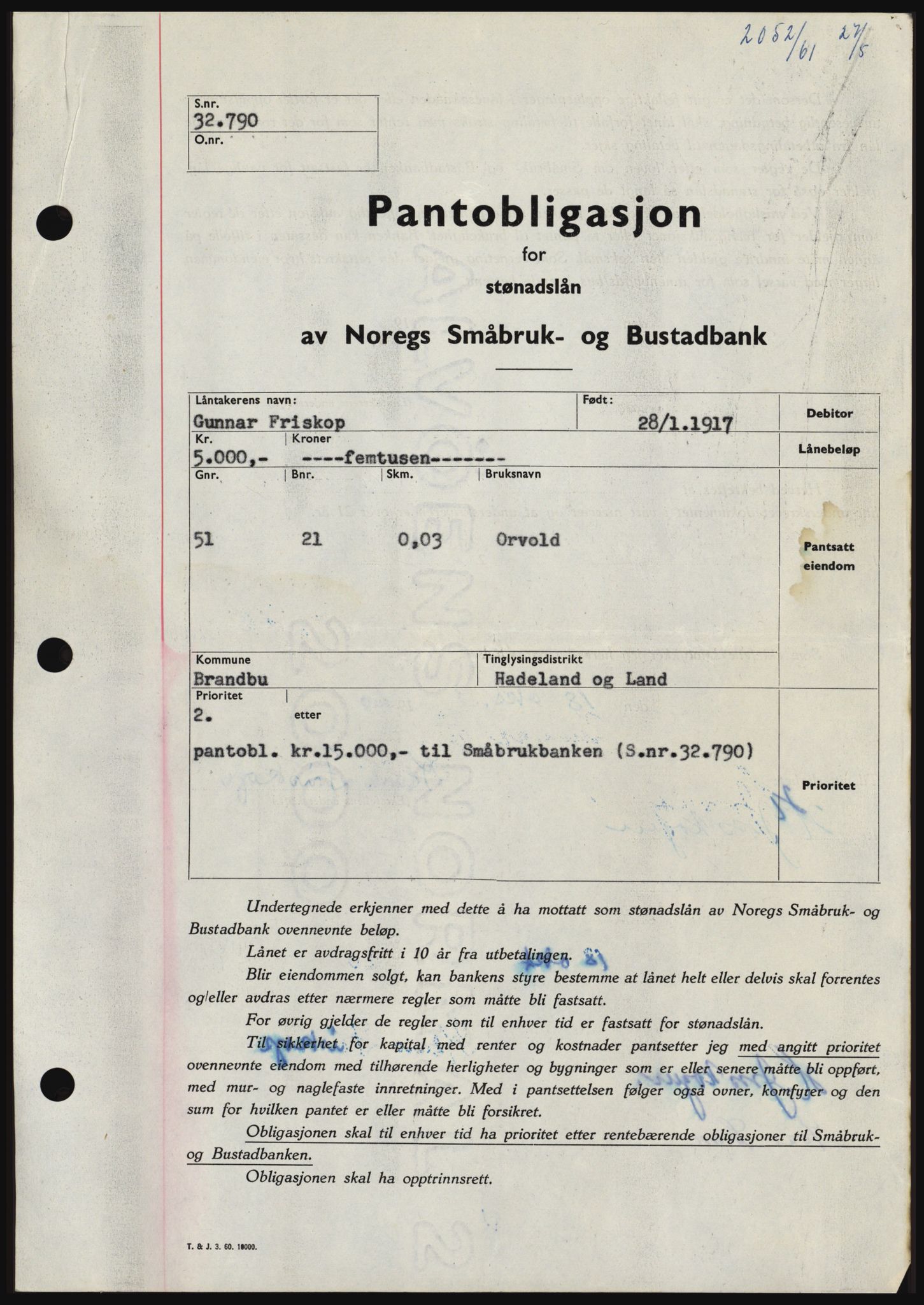 Hadeland og Land tingrett, SAH/TING-010/H/Hb/Hbc/L0046: Pantebok nr. B46, 1961-1961, Dagboknr: 2052/1961