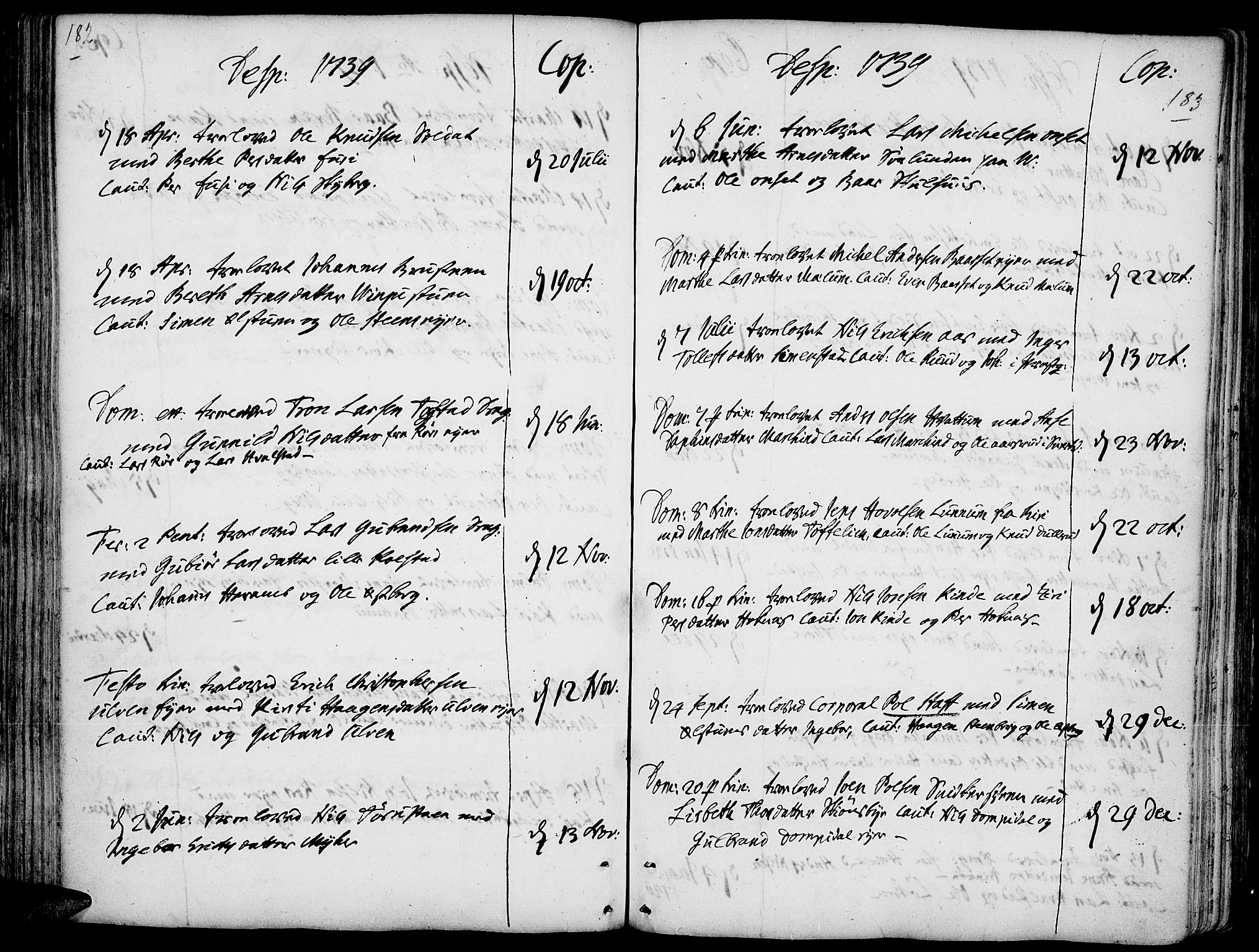 Ringsaker prestekontor, AV/SAH-PREST-014/K/Ka/L0001: Ministerialbok nr. 1, 1734-1746, s. 182-183