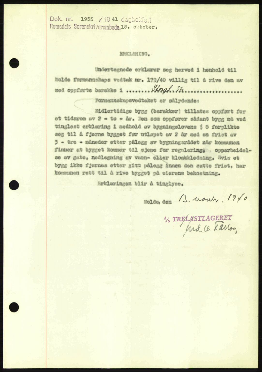 Romsdal sorenskriveri, SAT/A-4149/1/2/2C: Pantebok nr. B2, 1939-1945, Dagboknr: 1953/1941