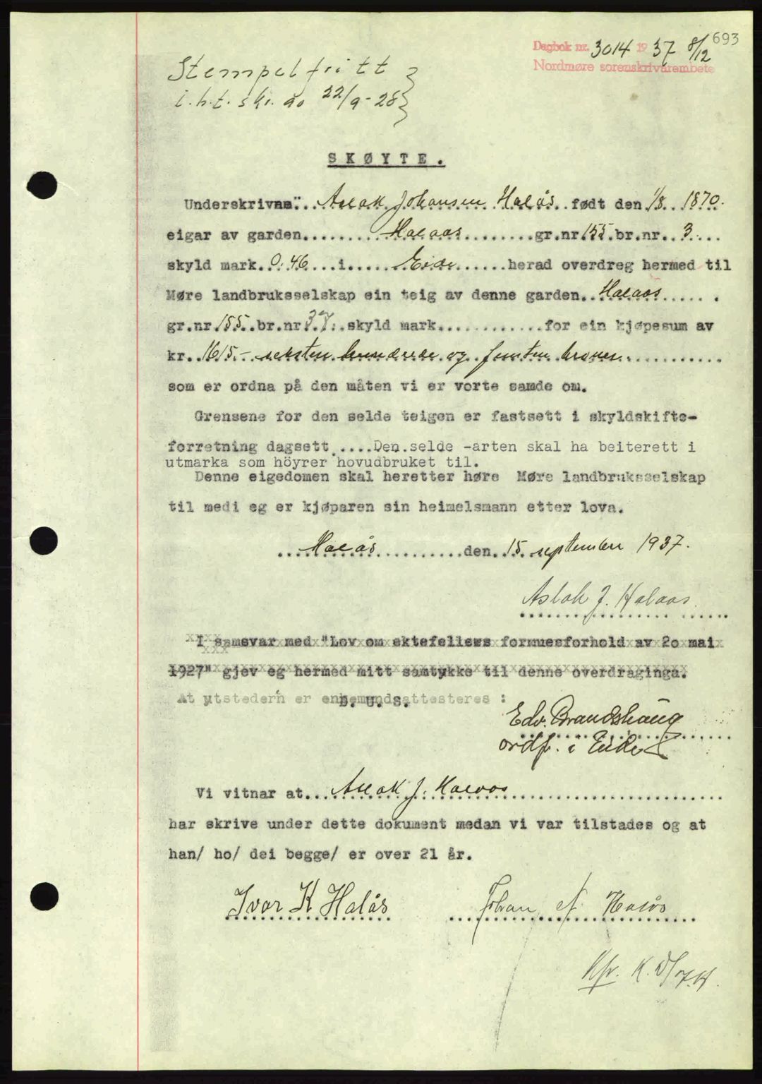 Nordmøre sorenskriveri, AV/SAT-A-4132/1/2/2Ca: Pantebok nr. A82, 1937-1938, Dagboknr: 3014/1937
